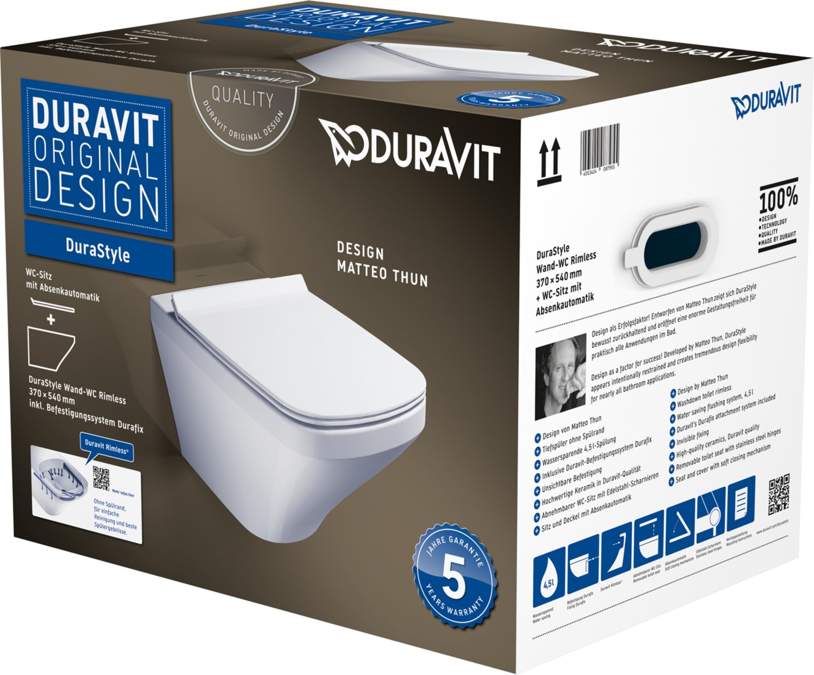 Duravit Durastyle Rimless wandcloset pack. Met: wandcloset zonder spoelrand, closetzitting met deksel en soft close. Wit