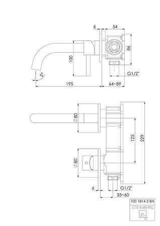 Steinberg 1greep wastafelmengkraan met gekleurde huls wand, uitloop 195mm (Inbouwset 010 1800 3 apart bestellen) geborsteld nikkel