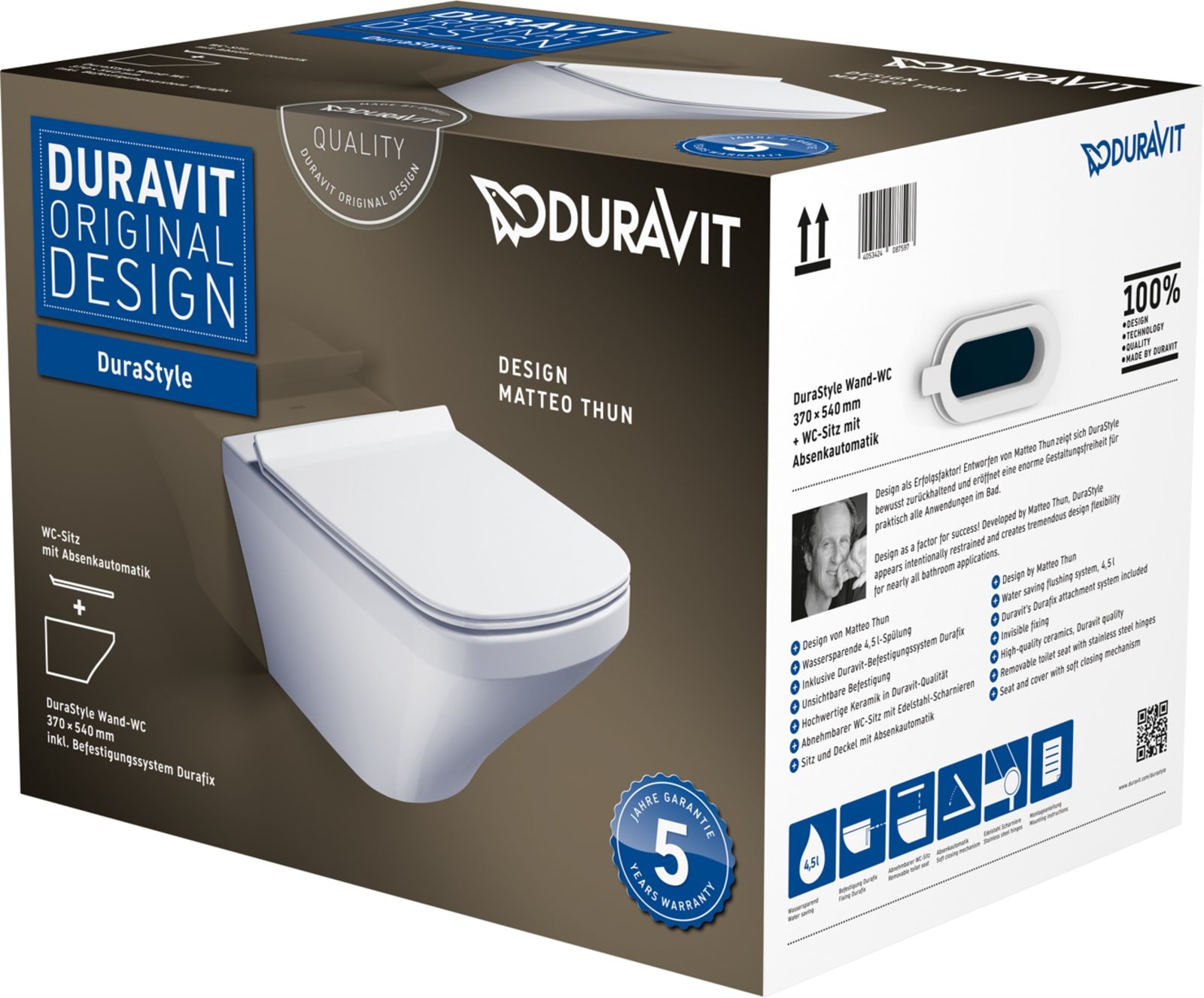 Duravit Durastyle wandcloset pack. Met: wandcloset met onzichtbare bevestiging, closetzitting met deksel en soft close. Wit