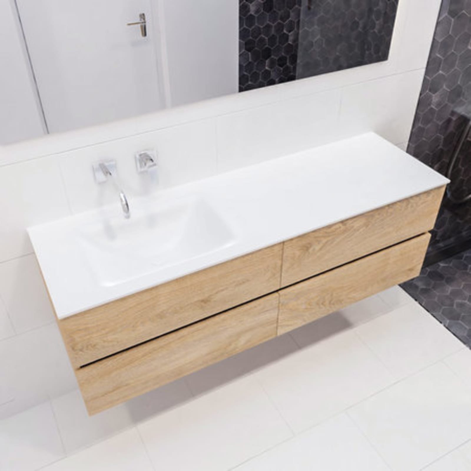 Blue Label Annika onderbouwkast, Solid Surface wastafel Cloud links, 4x lade, 1500x500x450mm (BxHxD), hout gewassen eik