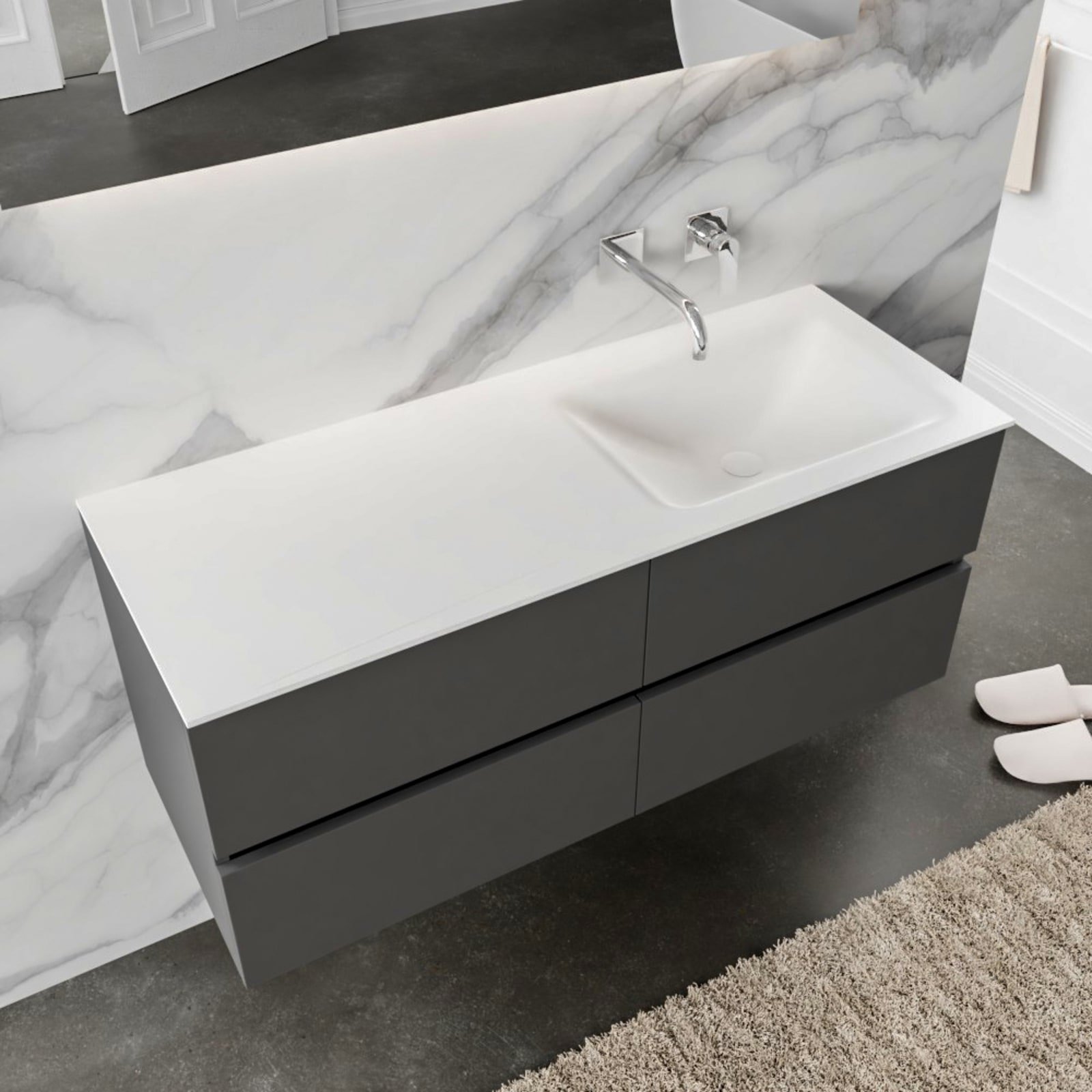 Blue Label Annika onderbouwkast, Solid Surface wastafel Cloud, rechts, 4x lade, geen kraangat, 1200 x 500 x 450mm (BxHxD), antraciet