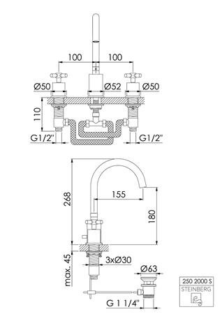 Steinberg 250 wastafelkraan, tweegreeps, waste, 268mm hoogte, 180mm hoogte kraanmond, 155mm voorsprong, messing, zwart