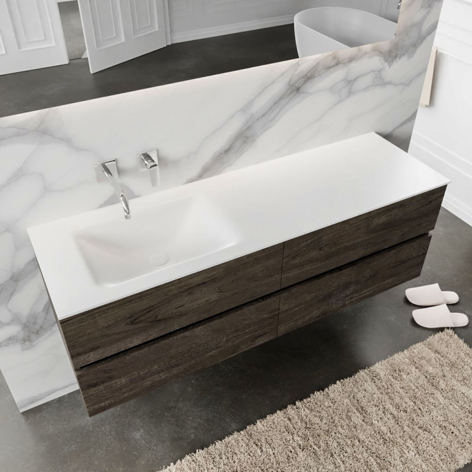 Blue Label Annika onderbouwkast, Solid Surface wastafel Cloud links, 4x lade, geen kraangat, 1500x500x450mm (BxHxD) hout donkerbruin