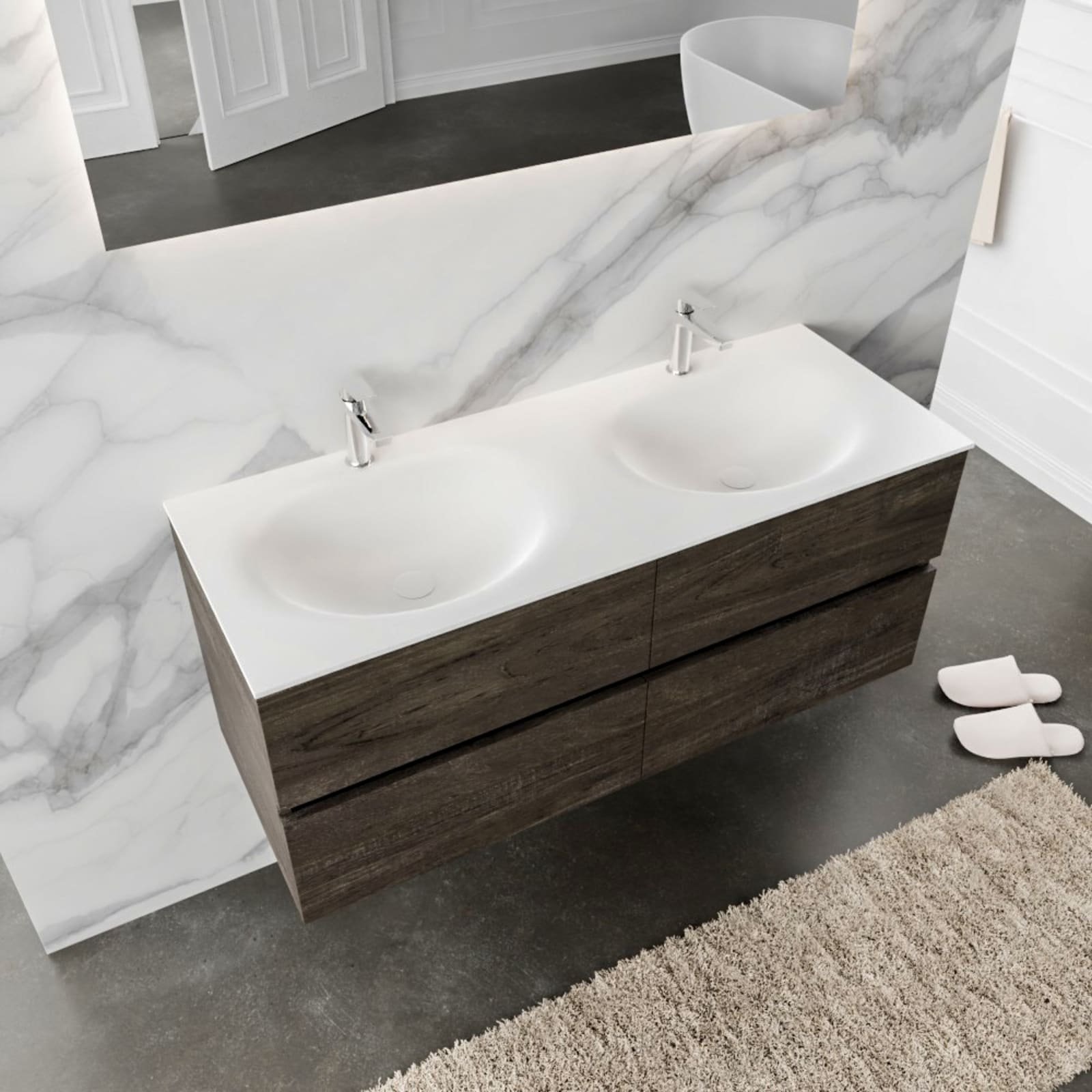 Blue Label Annika onderbouwkast, Solid Surface wastafel Moon dubbel, 4x lade, 2x kraangat, 1200x500x450mm (BxHxD), hout donkerbruin
