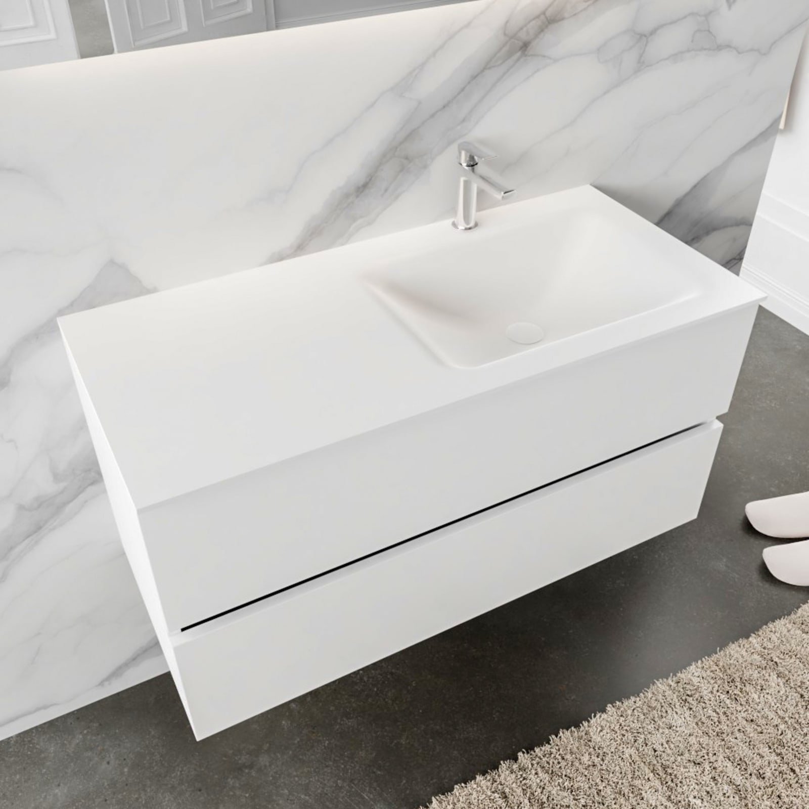 Blue Label Annika onderbouwkast, Solid Surface wastafel Cloud, rechts, 2x lade, 1x kraangat, 1000 x 500 x 450mm (BxHxD), mat wit