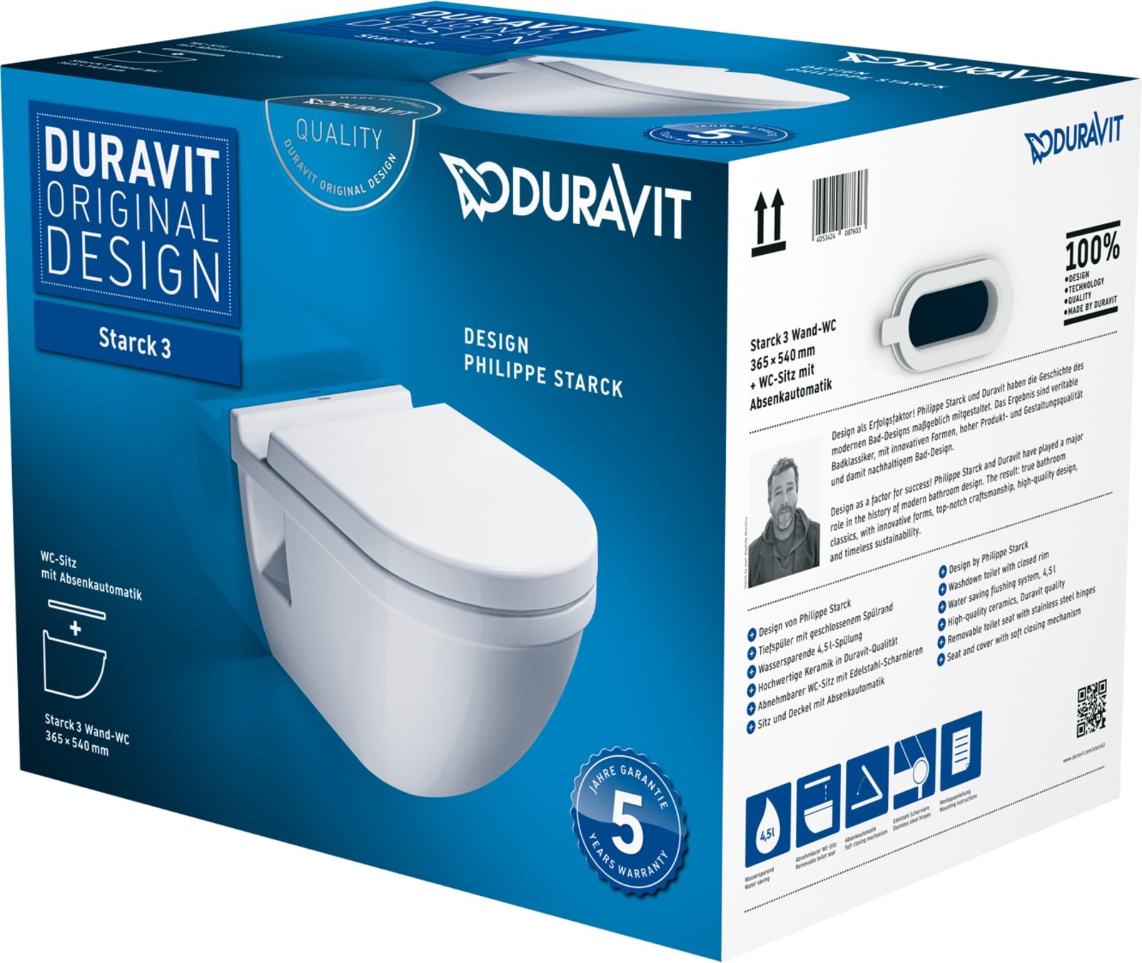 Duravit Starck 3 wandcloset pack. Met: wandcloset met zichtbare bevestiging, closetzitting met deksel en soft close. Wit.