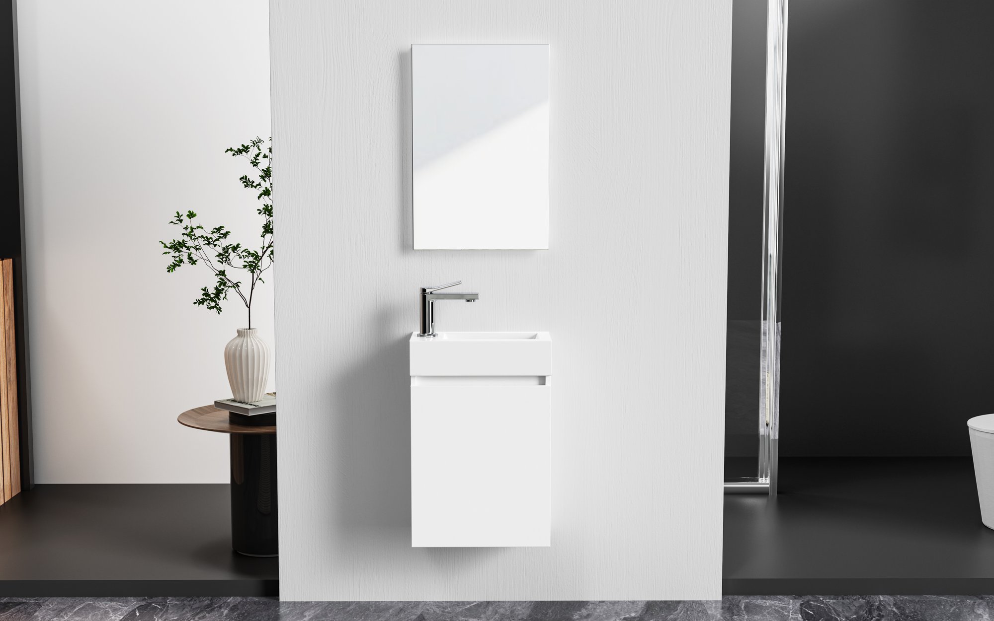 ALONI ZYRO TOILETMEUBELSET - COMPLEET - ONDERKAST MET 1 DEUR - GREEPLOOS - SOFT CLOSE - OMKEERBAAR - SPIEGEL - FONTEIN - 40,5X22,5 CM - GLANZEND WIT