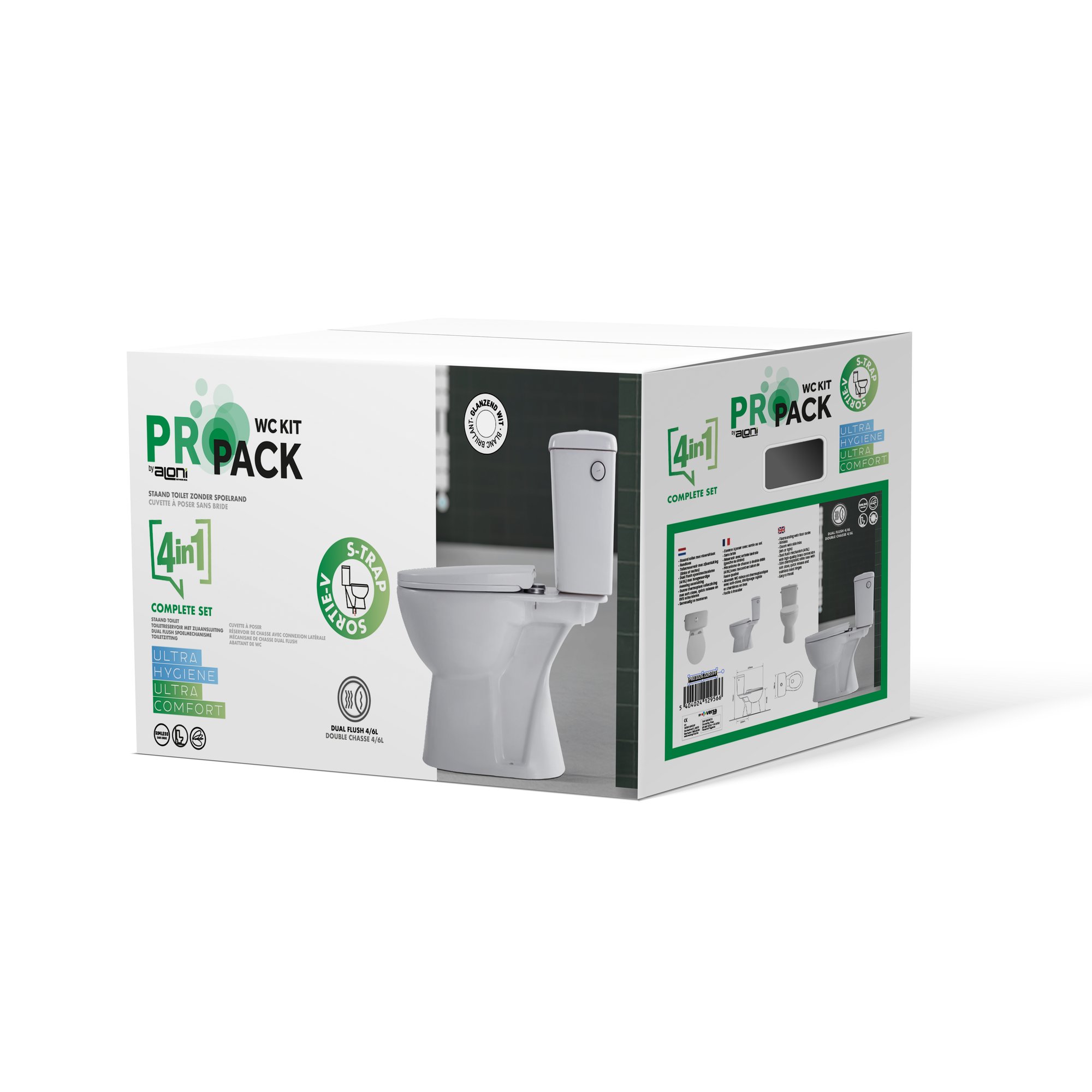 ALONI PRO DUOBLOK - STAAND TOILET - RANDLOOS - S-TRAP - VLOERUITLAAT - MET RESERVOIR - MET SPOELMECHANISME - DUBBELE SPOELFUNCTIE 4/6L - MET ZITTING - SOFTCLOSE - QUICK RELEASE - 39X73X67 CM - WIT