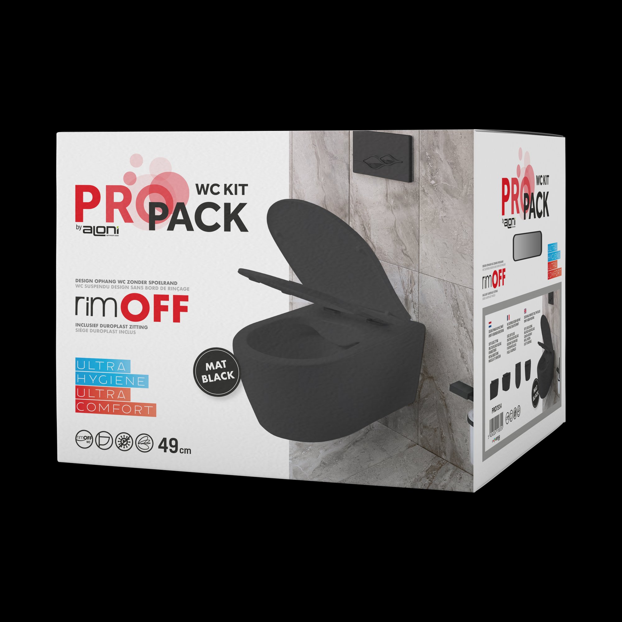 ALONI PRO HANGTOILET - RANDLOOS - MET ZITTING - DUROPLAST - SOFT CLOSE - QUICK RELEASE - COMPACT 49 CM - 36X25X49 CM - MAT ZWART
