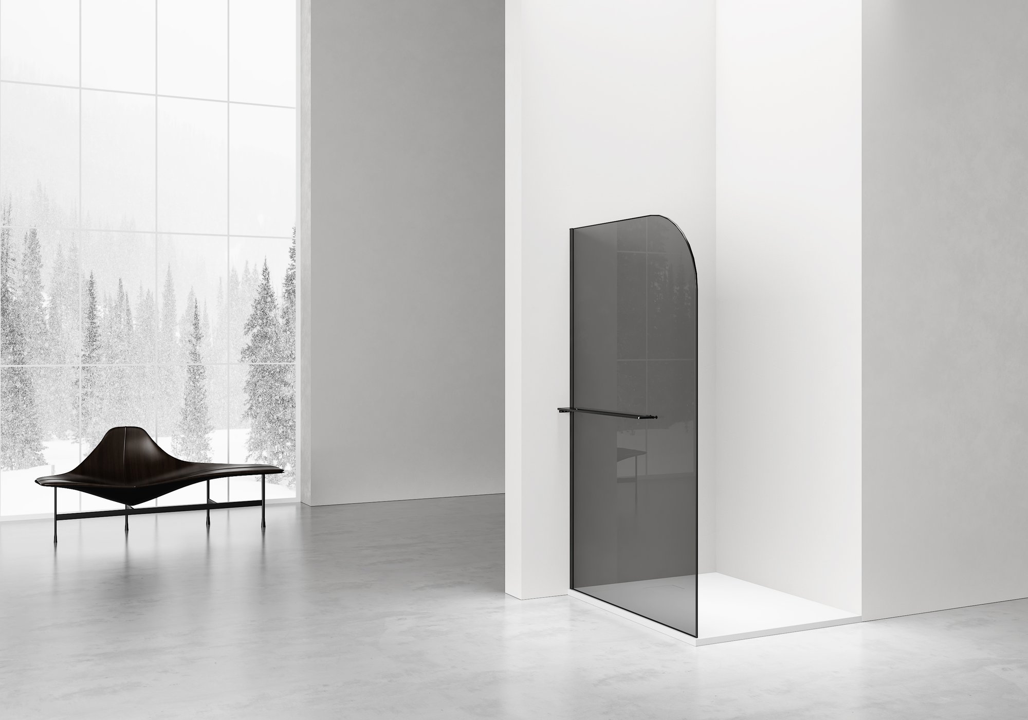 CURVY INLOOPDOUCHE MET HANDDOEKHOUDER - GEBOGEN - MET ANTI-KALKBEHANDELING - OMKEERBAAR - 8MM VEILIGHEIDSGLAS - 120X200CM - MAT ZWART - GRIJS ROOKGLAS