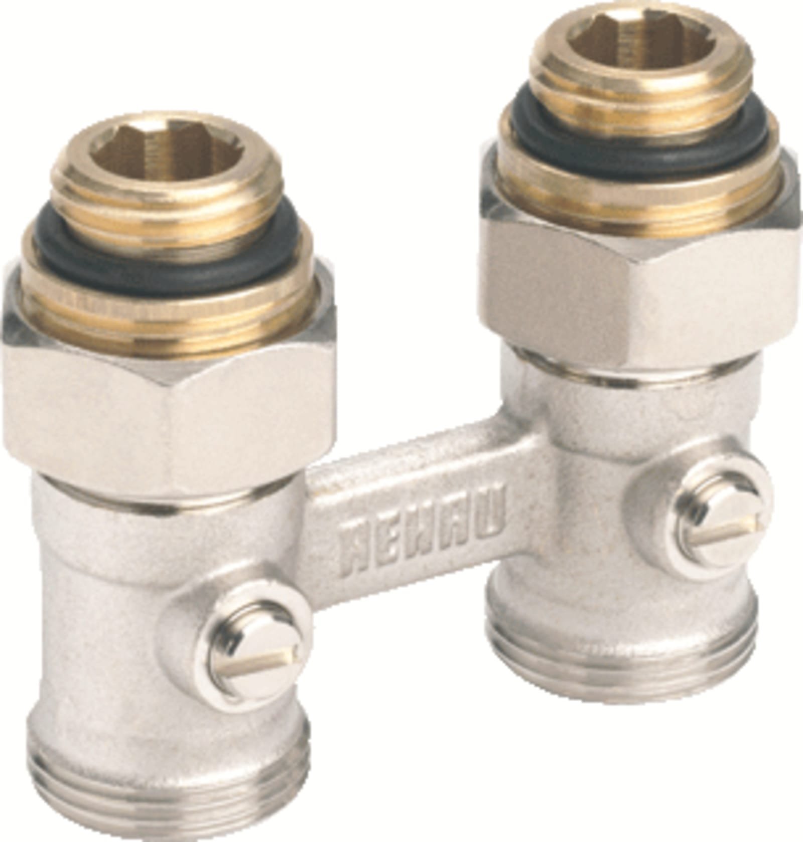 Rehau H-onderblok, recht, haaks, messing, vernikkeld, 1/2" buitendraad, 3/4" Euroconus, éénpijp, tweepijp, hartafstand 50mm (1000339761)
