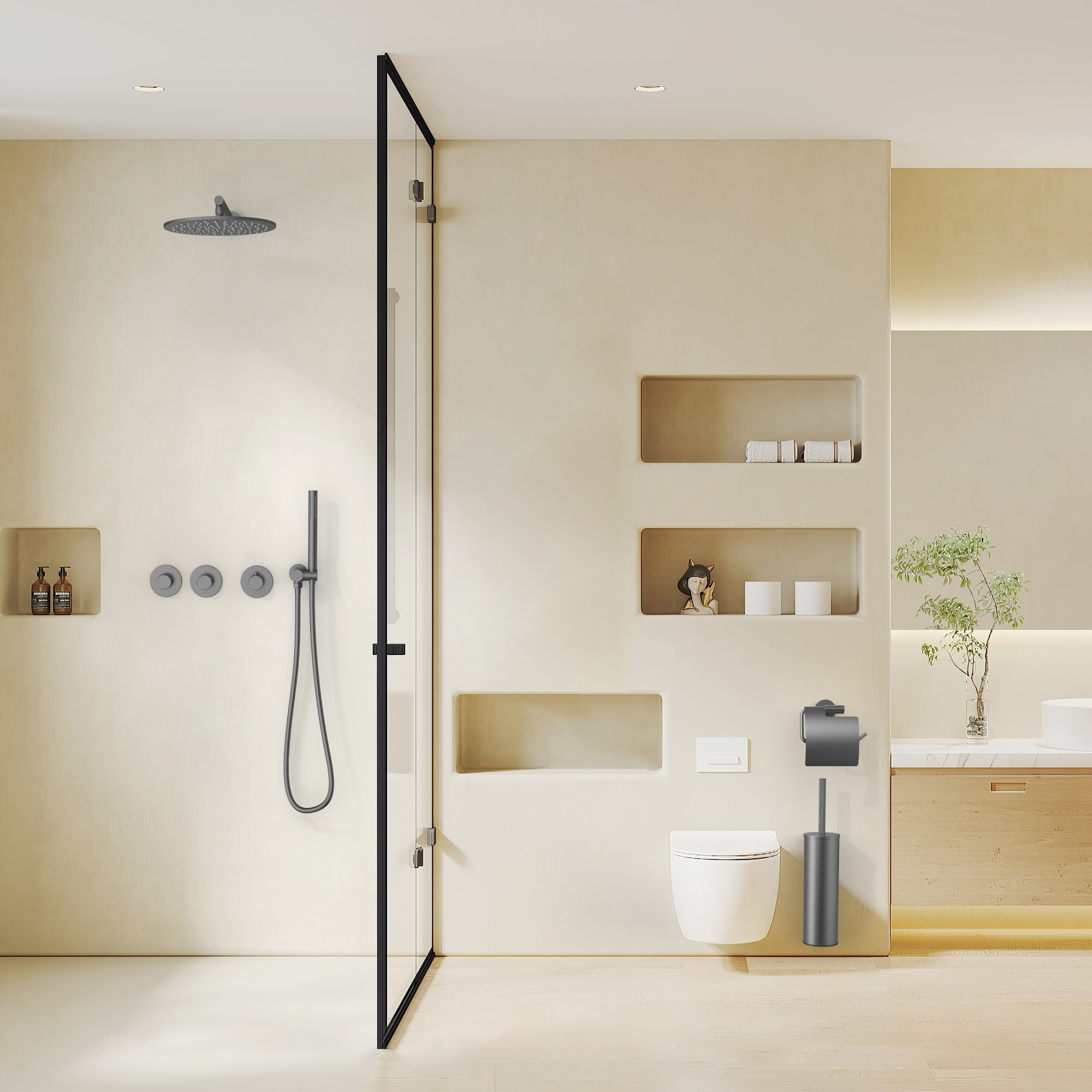 STRIA AFBOUWDEEL DOUCHEMENGKRAAN - 2 WEG MET 2 STOPKRANEN - THERMOSTATISCH - INBOUW - ROND - KNOPPEN MET VERFIJNDE RIBBELSTRUCTUUR - GUNMETAL (PVD) thumbnail 2