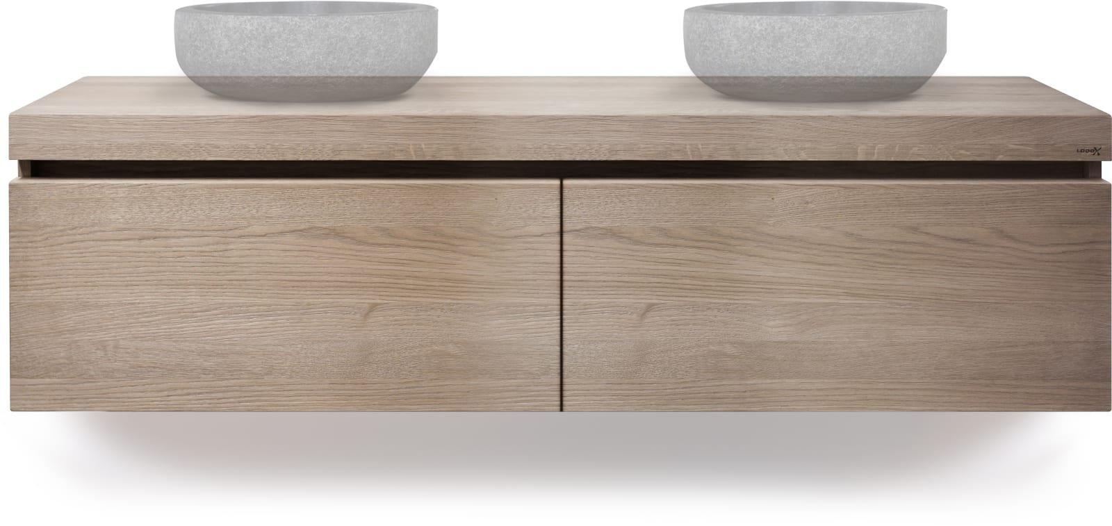 Looox Wood Drawer Box wastafelonderkast, 2 laden, soft-close, greeploos, hxbxd 450x1600x460mm, eiken/old grey