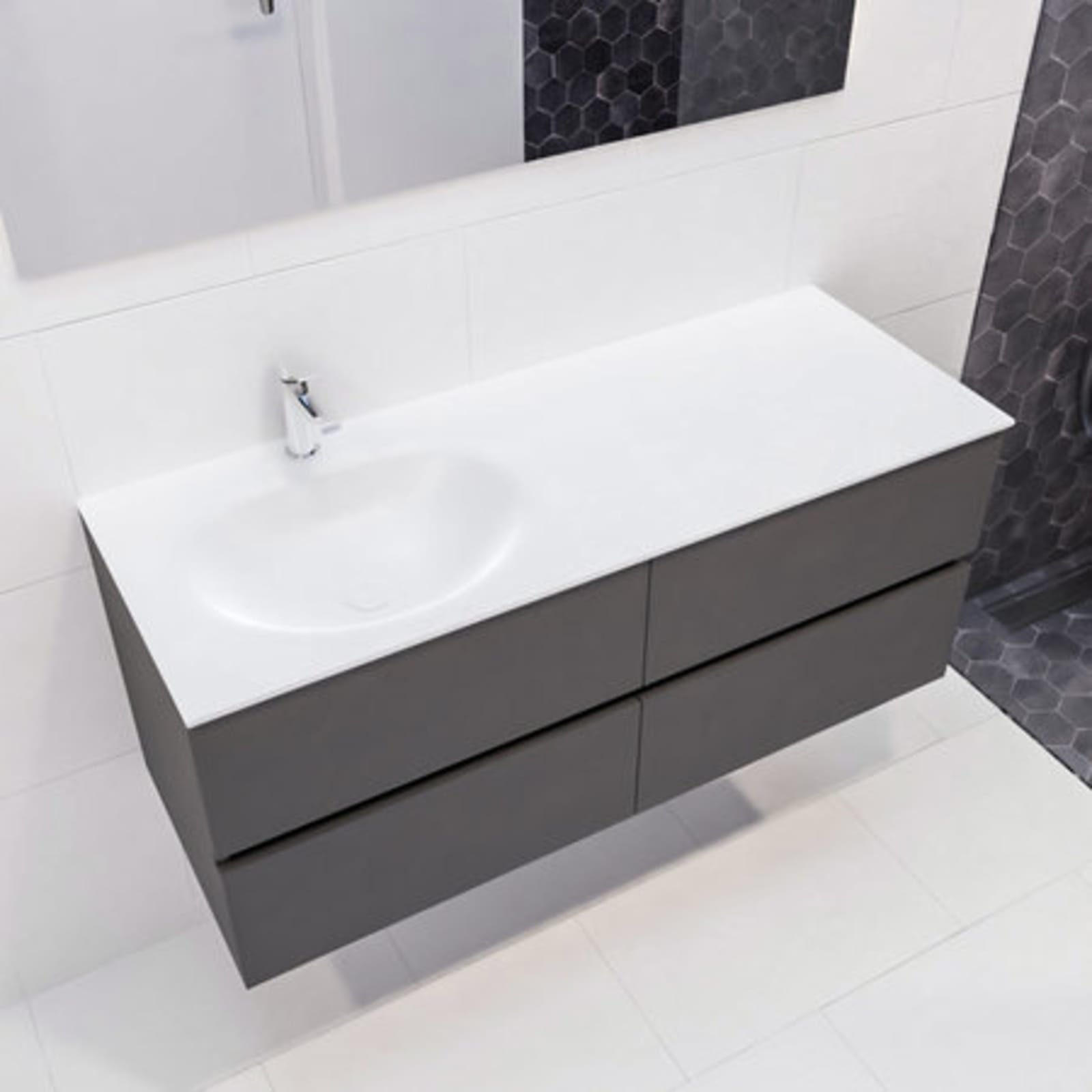 Blue Label Annika onderbouwkast, Solid Surface wastafel Moon, links, 4x lade, 1x kraangat, 1200 x 500 x 450mm (BxHxD), antraciet