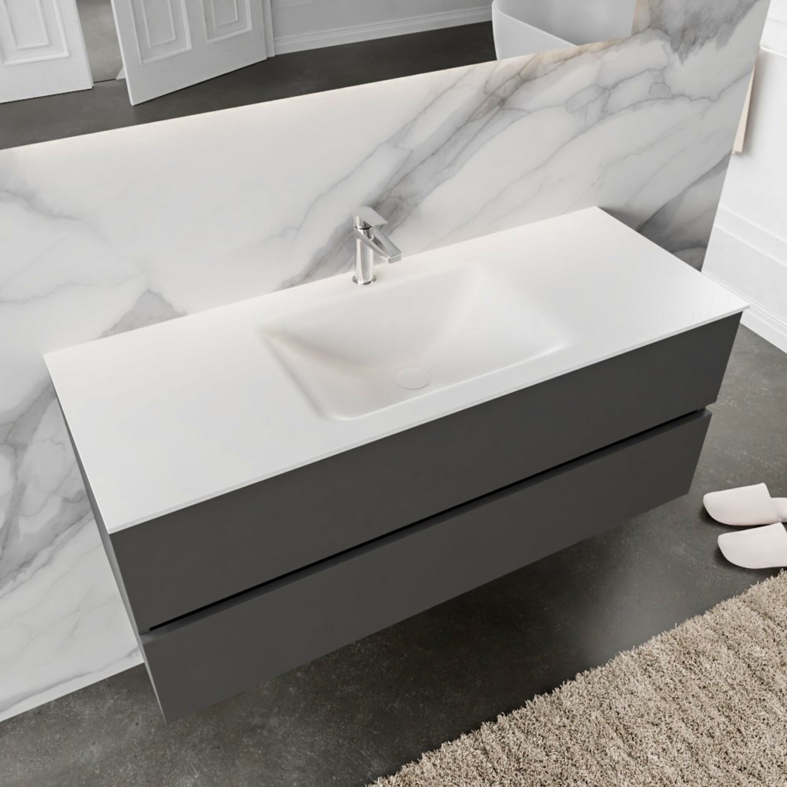 Blue Label Annika onderbouwkast, Solid Surface wastafel Cloud, midden, 2x lade, 1x kraangat, 1200 x 500 x 450mm (BxHxD), antraciet