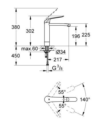 Grohe Eurosmart Care Keukenmengkraan 4Cm verhoogd, eengreeps, 302mm hoogte, 217mm voorsprong uitloop hoog, draaibaar, chroom