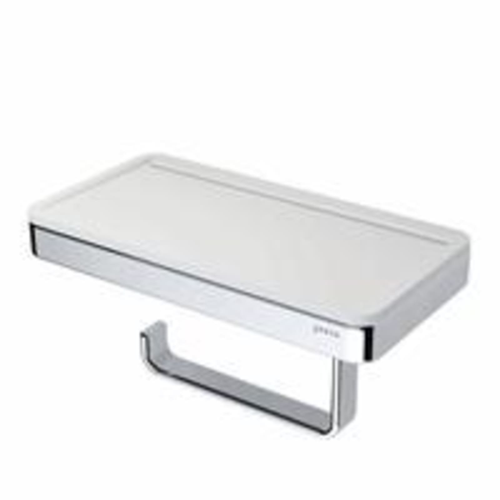 Geesa, Frame, Toiletrolhouder met wit planchet, plat staf, verchroomd, messing, 210 x 105 x 108mm (LxHxD)
