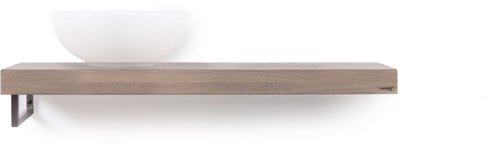 LoooX Wooden Base Shelf Solo X 100 cm, eiken 'old grey' handdoekhouder links geborsteld RVS