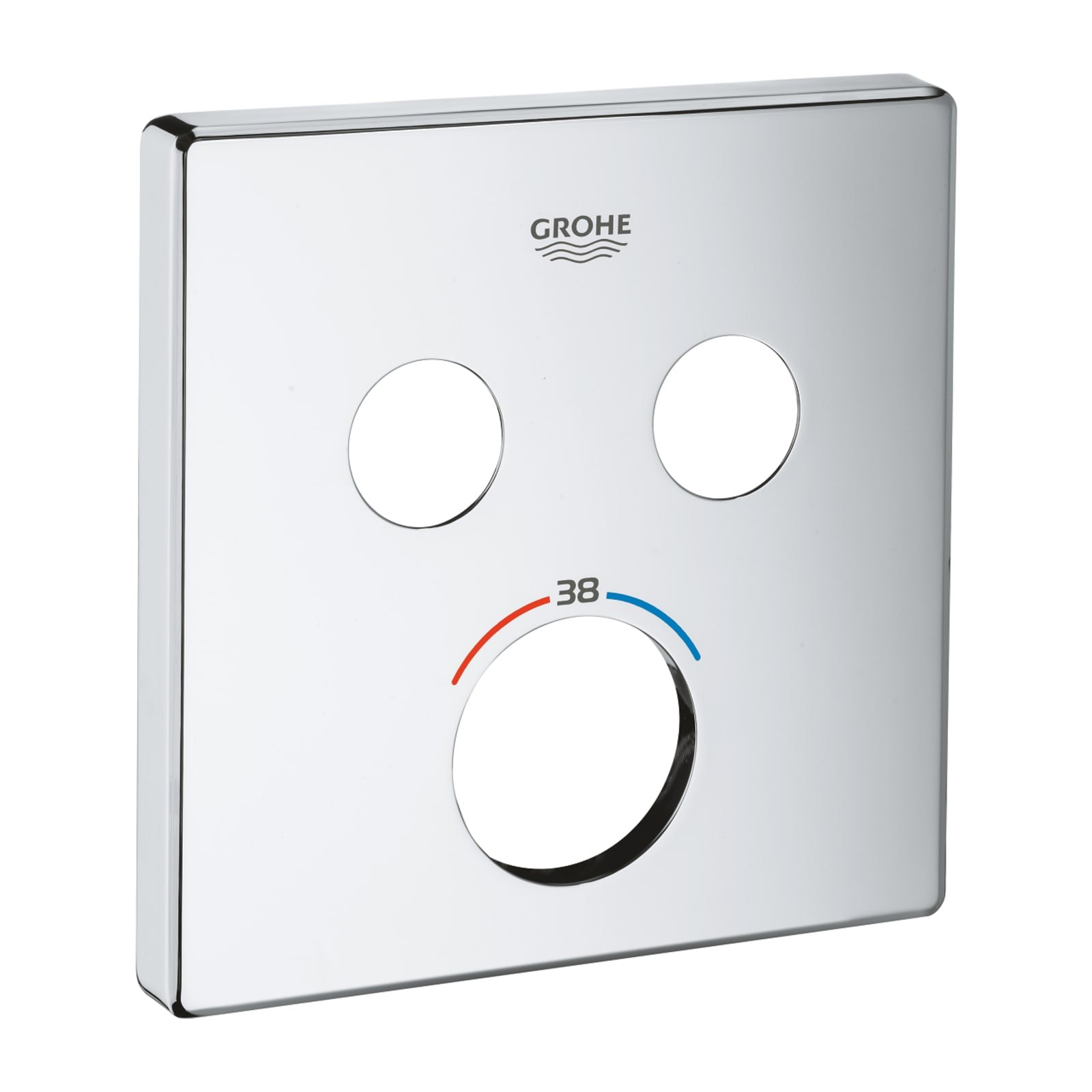 Grohe, Afdekrozet, vierkant, gedrukt koud-warm en 38 graden symbool, chroom (voor thermostaat met 2 knoppen)