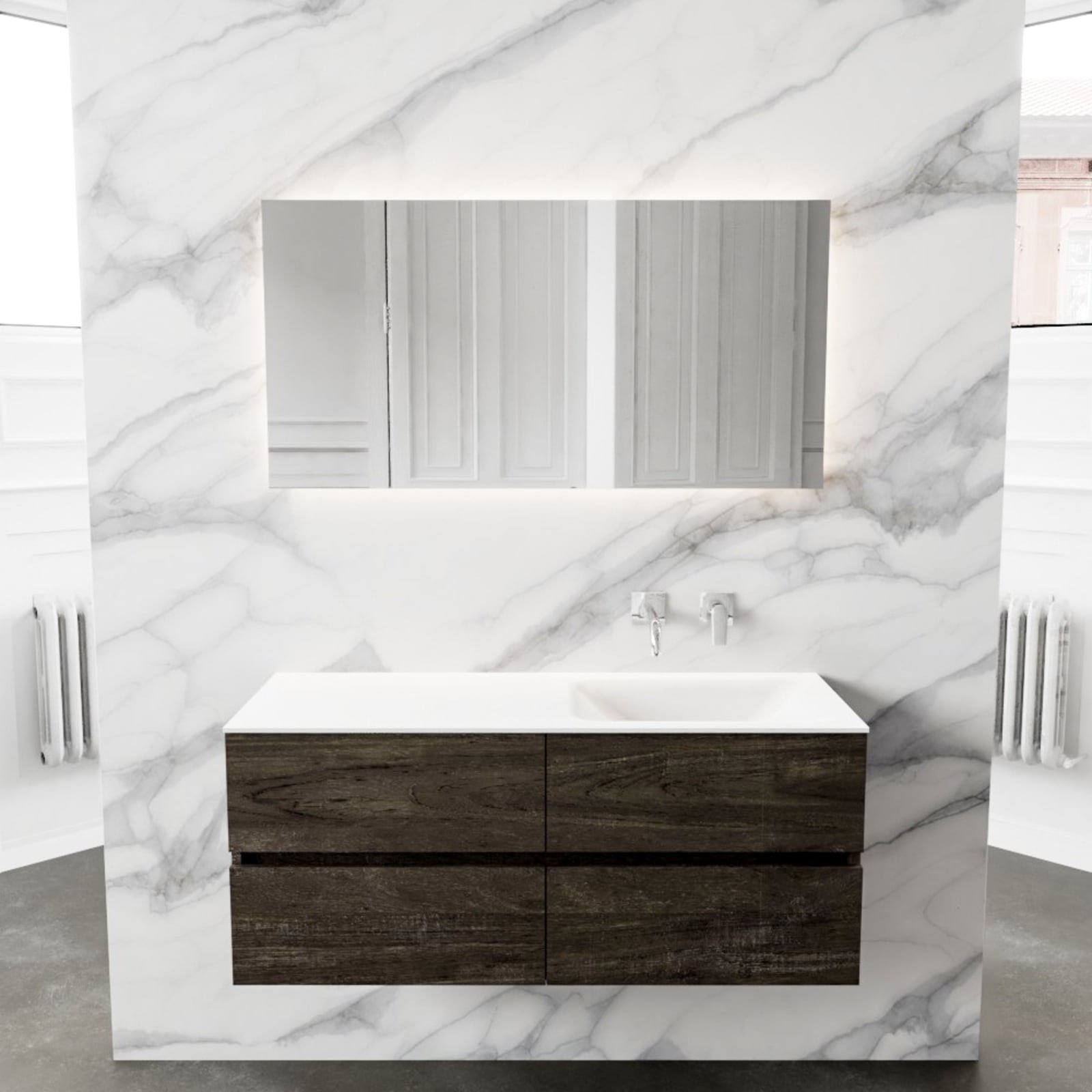 Blue Label Annika onderbouwkast, Solid Surface wastafel Cloud rechts, 4x lade, 1200x500x450mm (BxHxD), hout donkerbruin