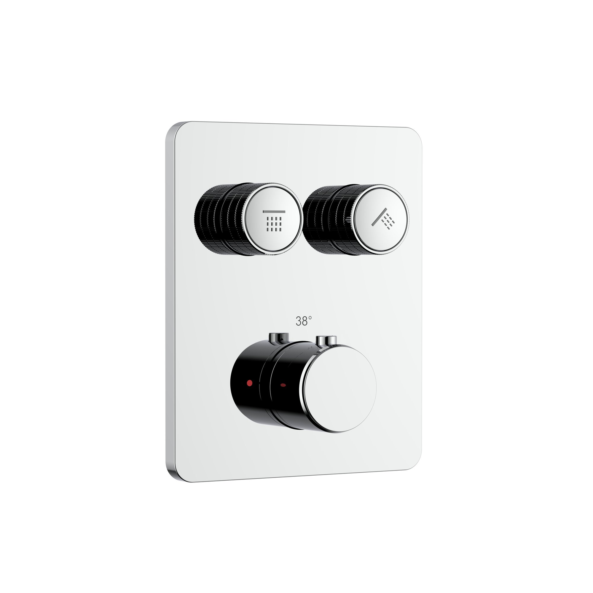 STRIA DOUCHEMENGKRAAN - 2 WEG - THERMOSTATISCH - DRUKNOPPEN MET VERFIJNDE RIBBELSTRUCTUUR - MET INBOUWBOX EN AFBOUWDEEL - RECHTHOEKIG - BELGAQUA - CHROOM