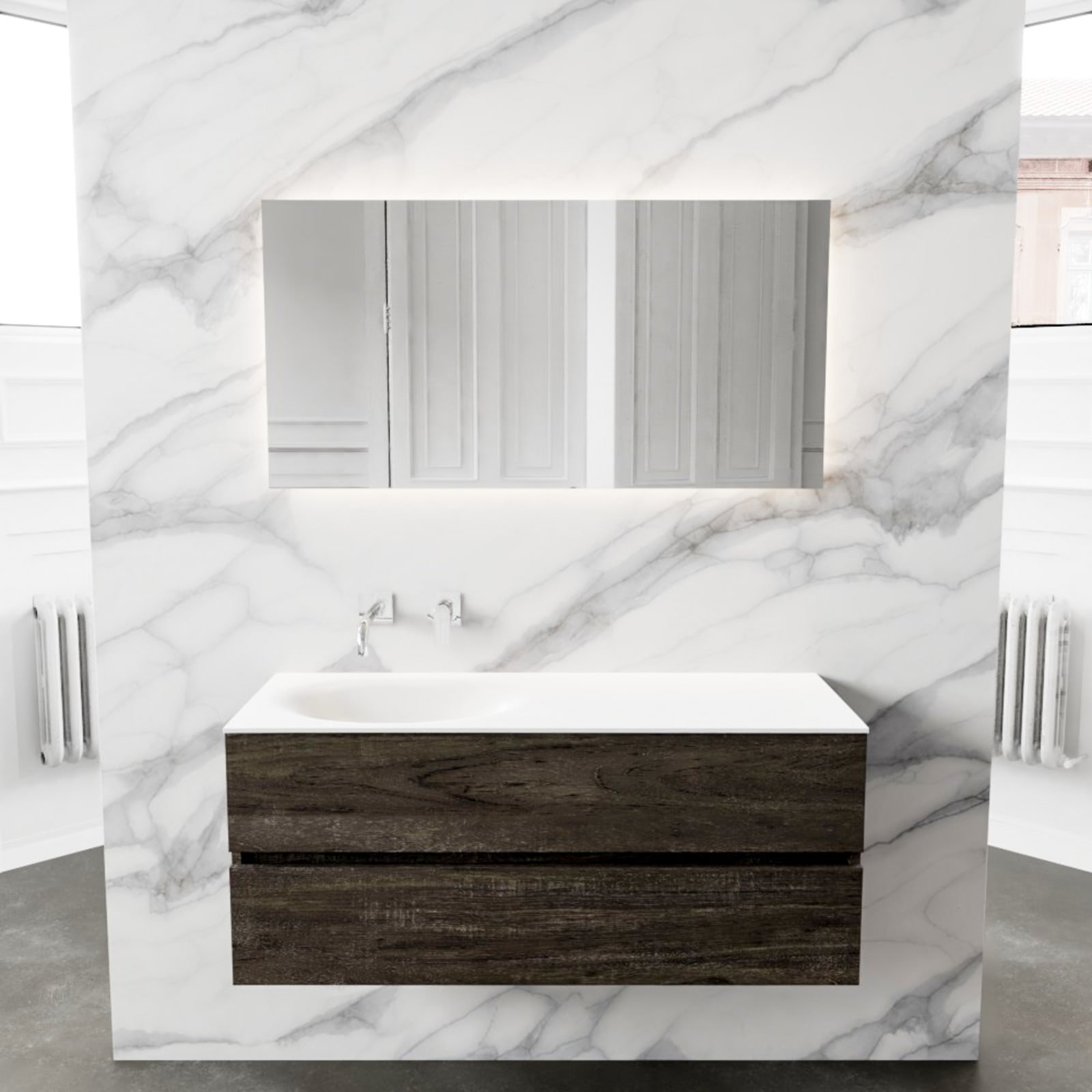 Blue Label Annika onderbouwkast, Solid Surface wastafel Moon, links, 2x lade,geen kraangat, 1200x500x450mm (BxHxD), hout donkerbruin