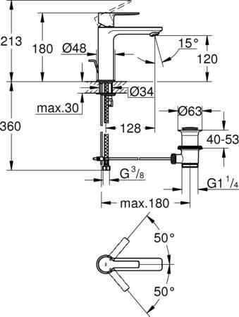 Grohe Lineare New Wastafelmengkraan, S-size, trekwaste, eengreeps, 1-gats, 180mm hoogte, 128mm uitloop, vast, chroom