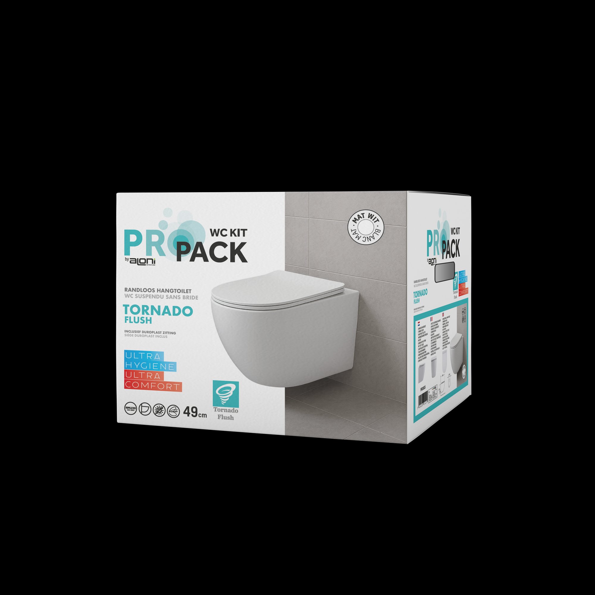 ALONI PRO HANGTOILET - 360° FLUSH - RANDLOOS - MET ZITTING - DUROPLAST - SOFT CLOSE - QUICK RELEASE - COMPACT 49 CM - 36X32X49 CM - MAT WIT