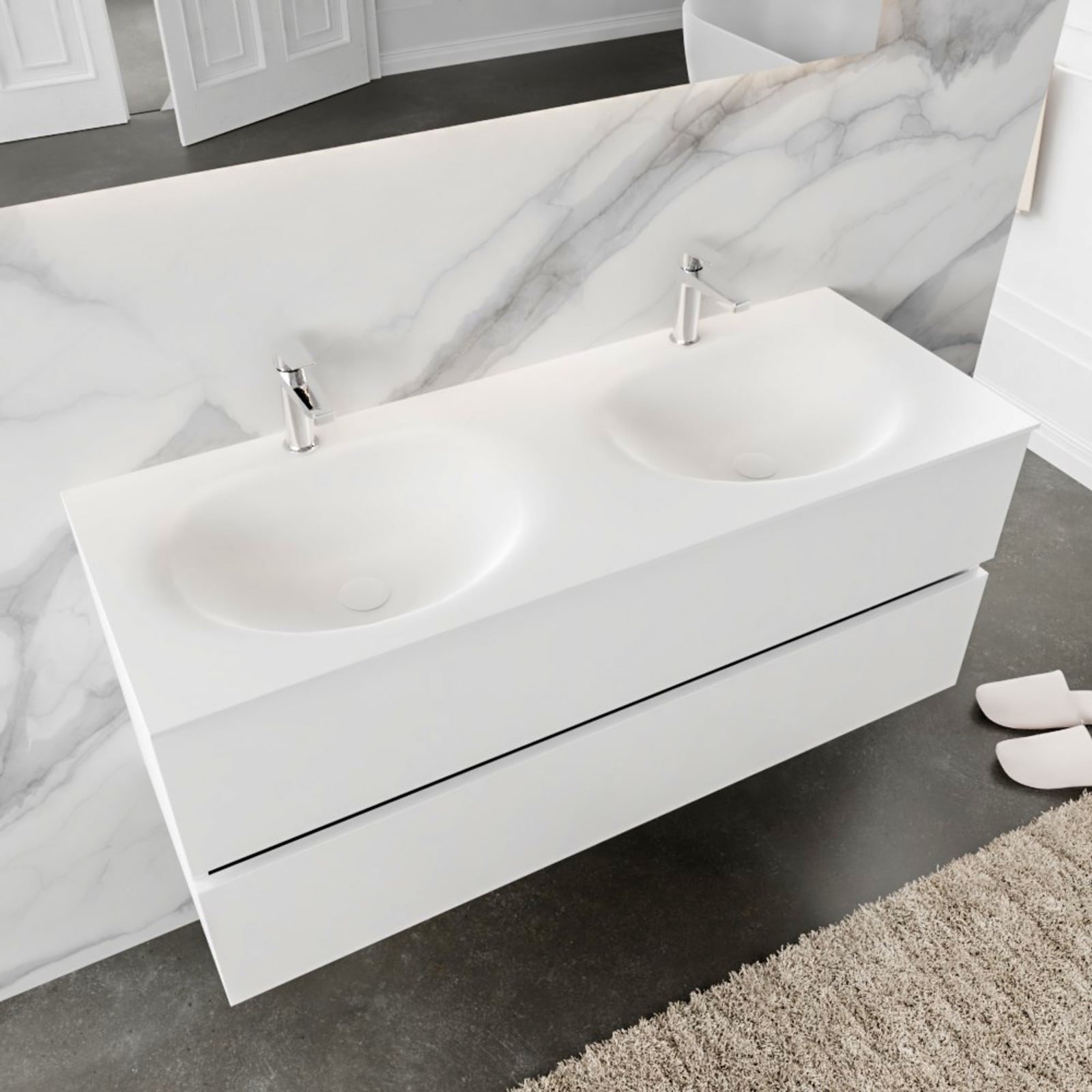 Blue Label Annika onderbouwkast, Solid Surface wastafel Moon, dubbel, 2x lade, 2x kraangat, 1200 x 500 x 450mm (BxHxD), mat wit