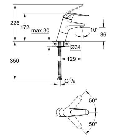 Grohe Eurosmart Care, Wastafelmengkraan, eengreeps, 1-gats, 172mm hoogte, glad, 129mm uitloop hoog, vast, chroom