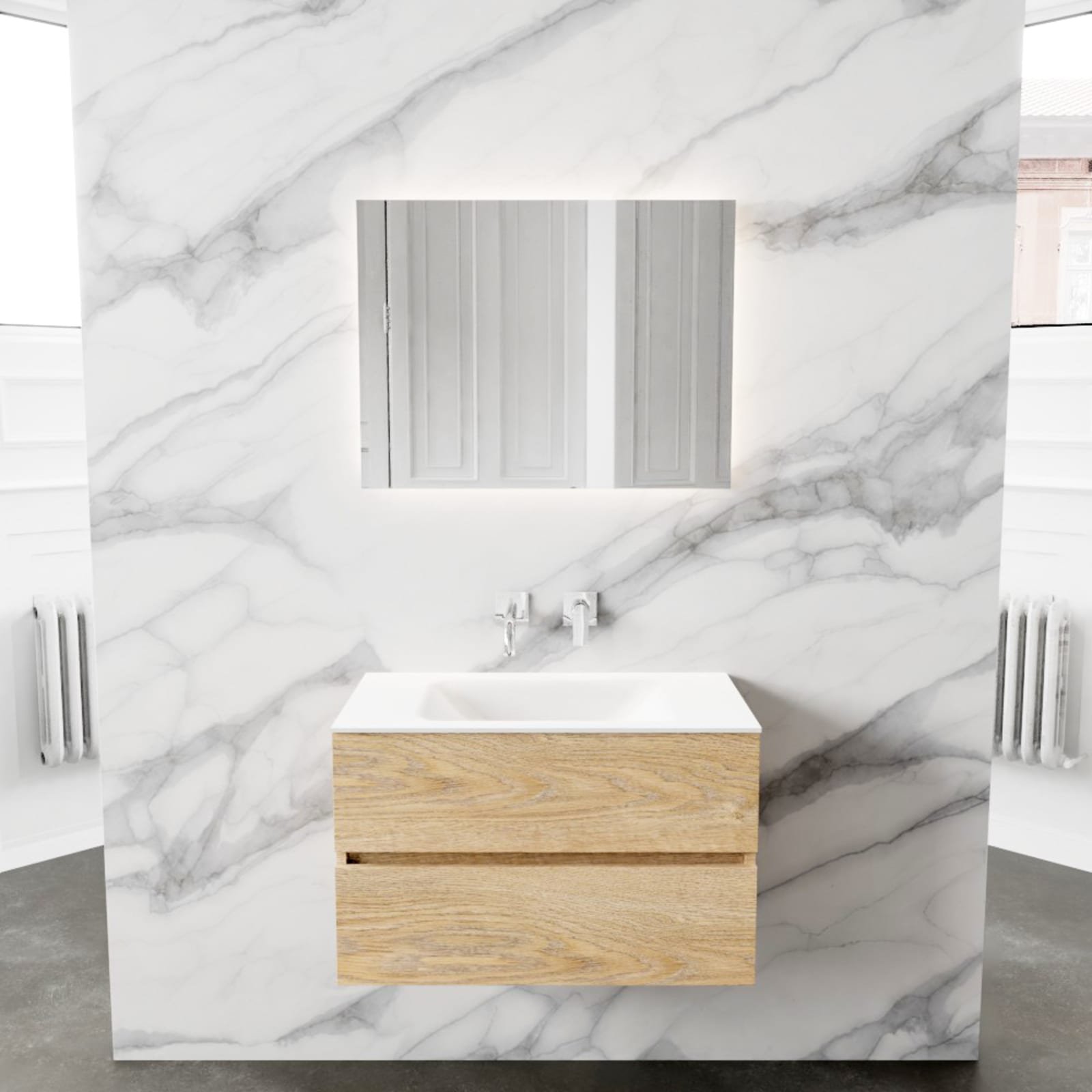 Blue Label Annika onderbouwkast, Solid Surface wastafel Cloud, midden, 2x lade, 800x500x450mm (BxHxD), hout gewassen eik