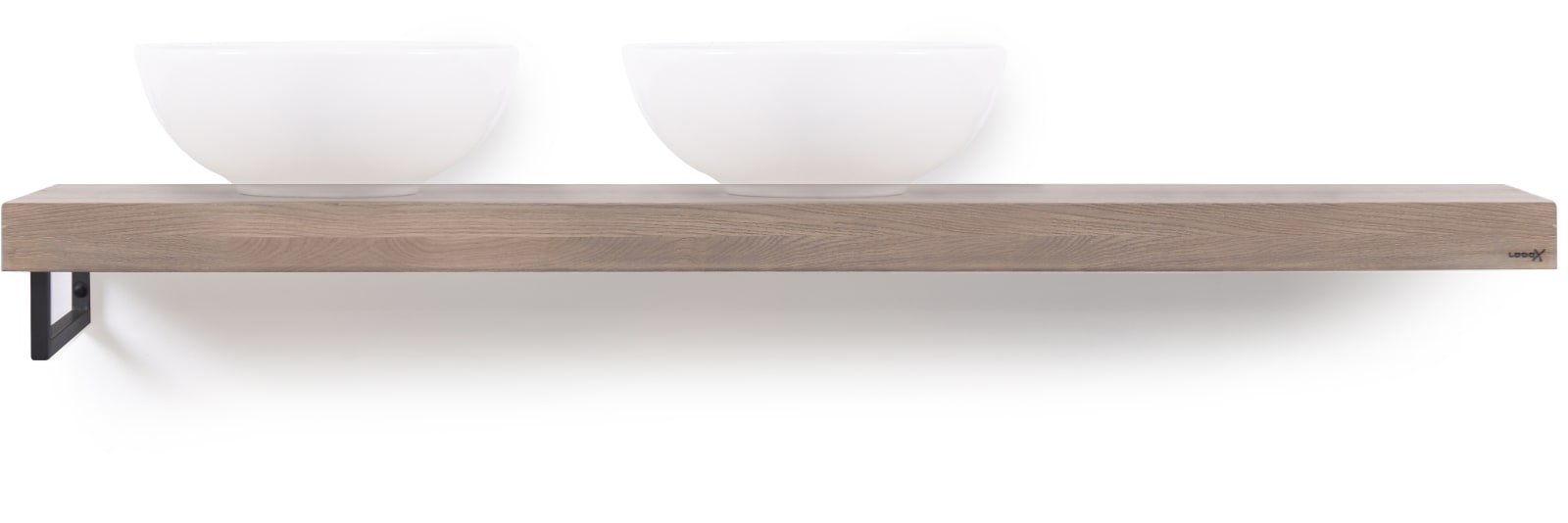 LoooX Wooden Base Shelf Solo X 160 cm, eiken 'old grey' handdoekhouder links mat zwart