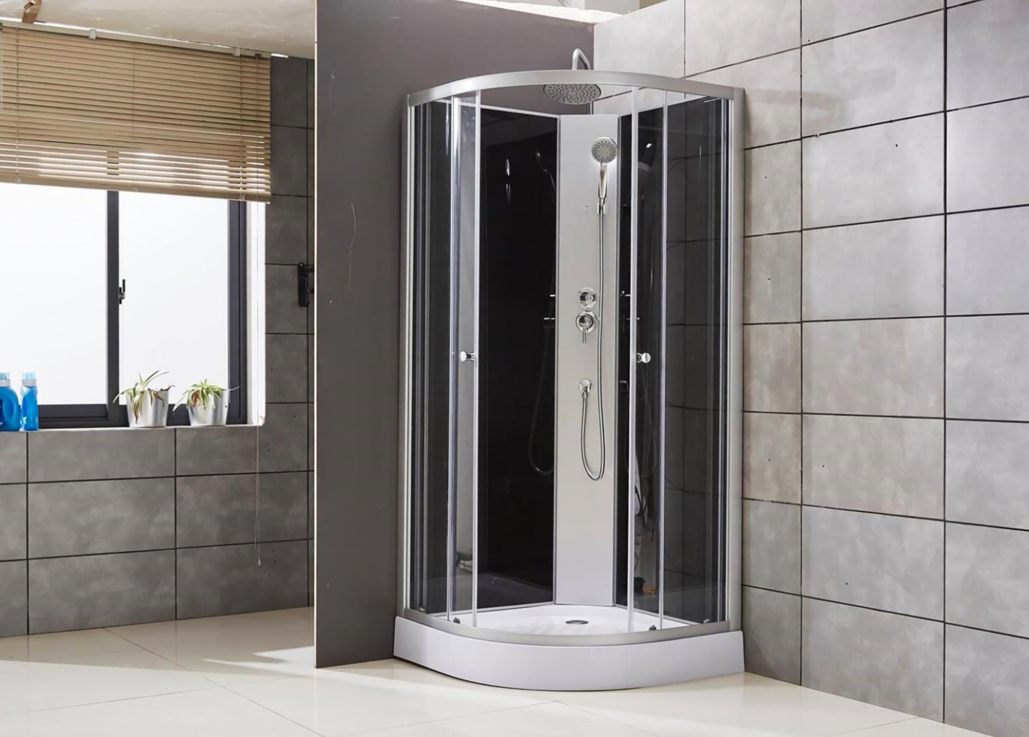 ALONI COMPLETE DOUCHECABINE KWARTROND - MET REGENDOUCHE - 90X220X90 CM - MAT CHROOM - ACHTERPANELEN IN ZWART GLAS -  SCHUIFDEUREN IN HELDER GLAS