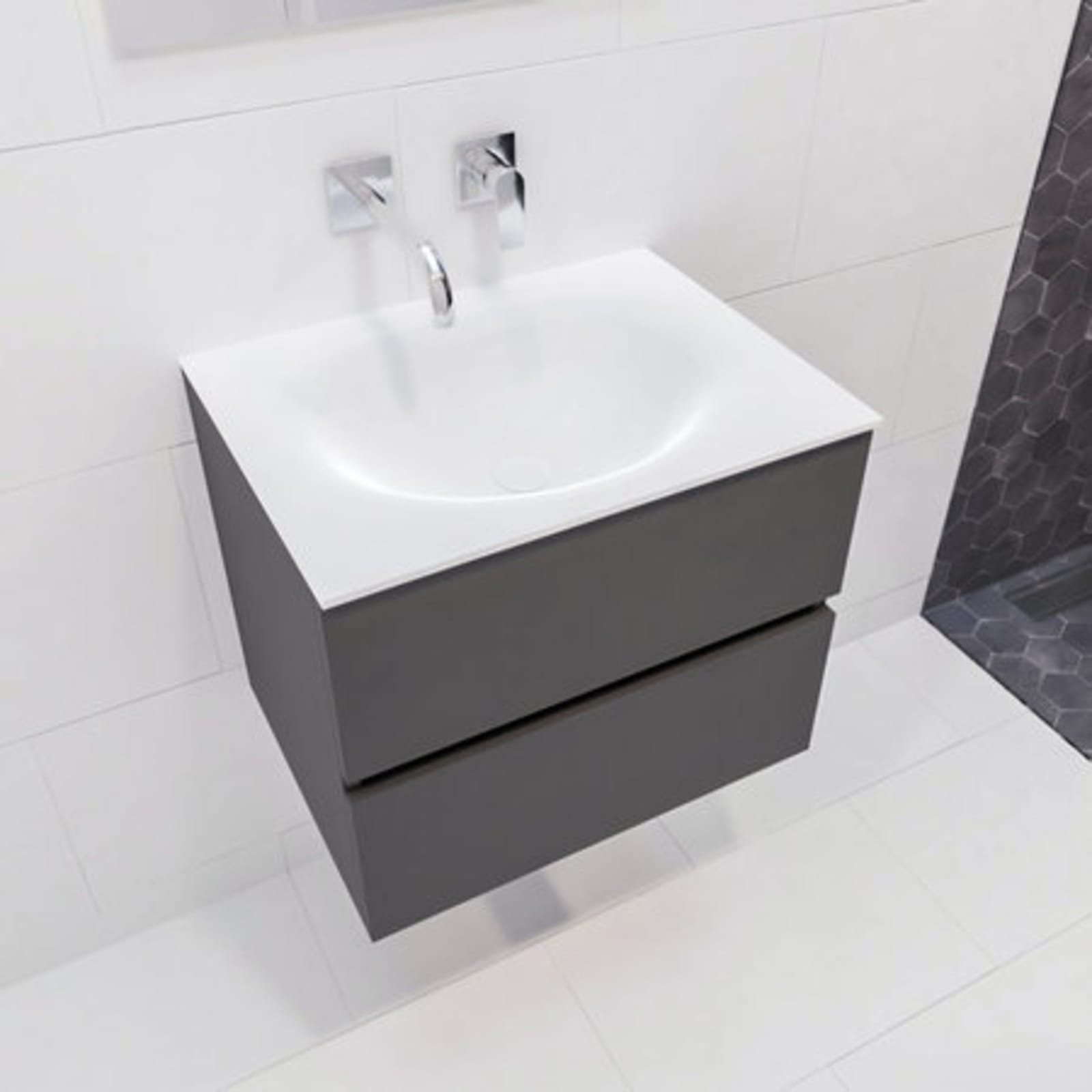 Blue Label Annika onderbouwkast, Solid Surface wastafel Moon, midden, 2x lade, geen kraangat, 600 x 500 x 450mm (BxHxD), antraciet