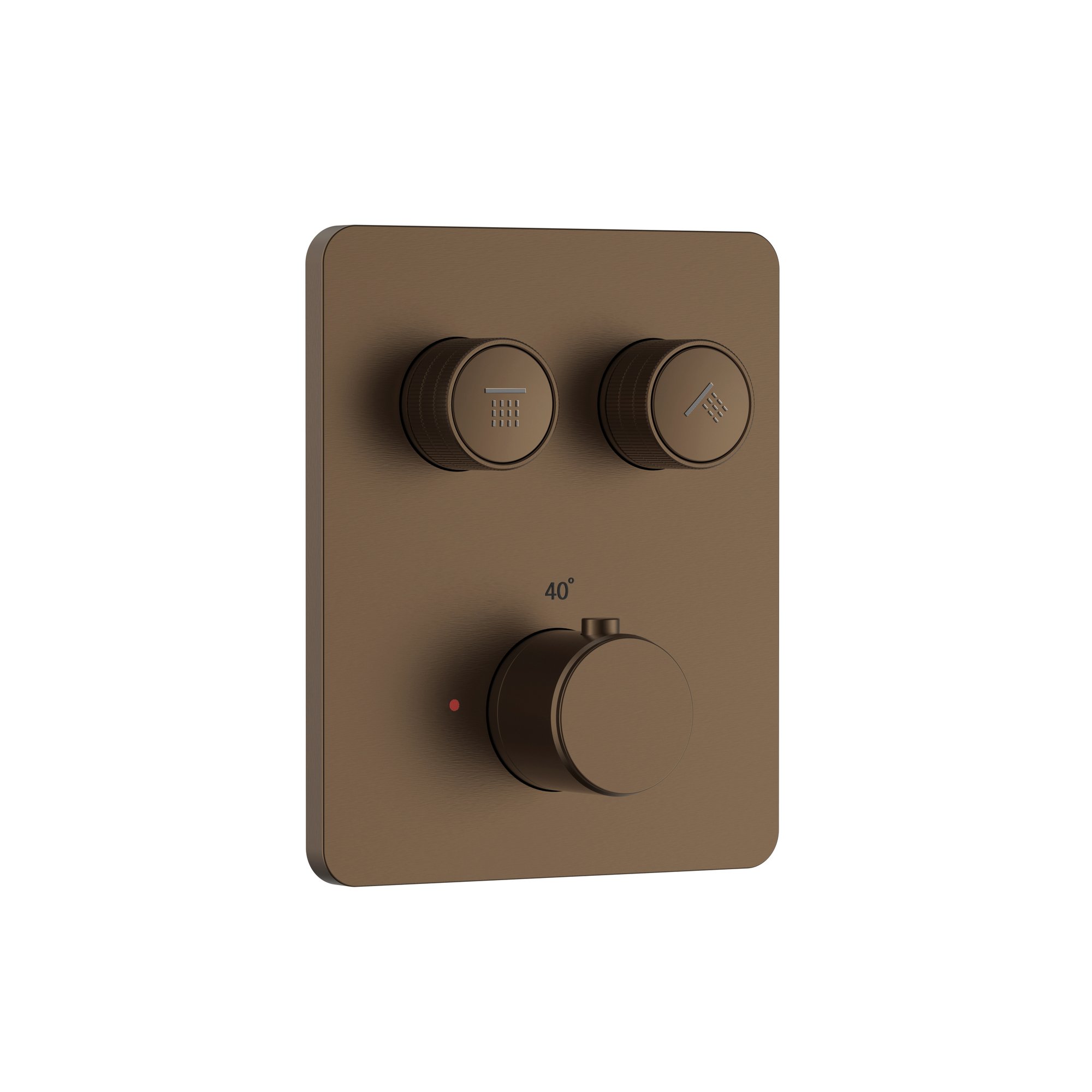 STRIA DOUCHEMENGKRAAN - 2 WEG - THERMOSTATISCH - DRUKNOPPEN MET VERFIJNDE RIBBELSTRUCTUUR - MET INBOUWBOX EN AFBOUWDEEL - RECHTHOEKIG - BELGAQUA - BRUIN BRONS (PVD)