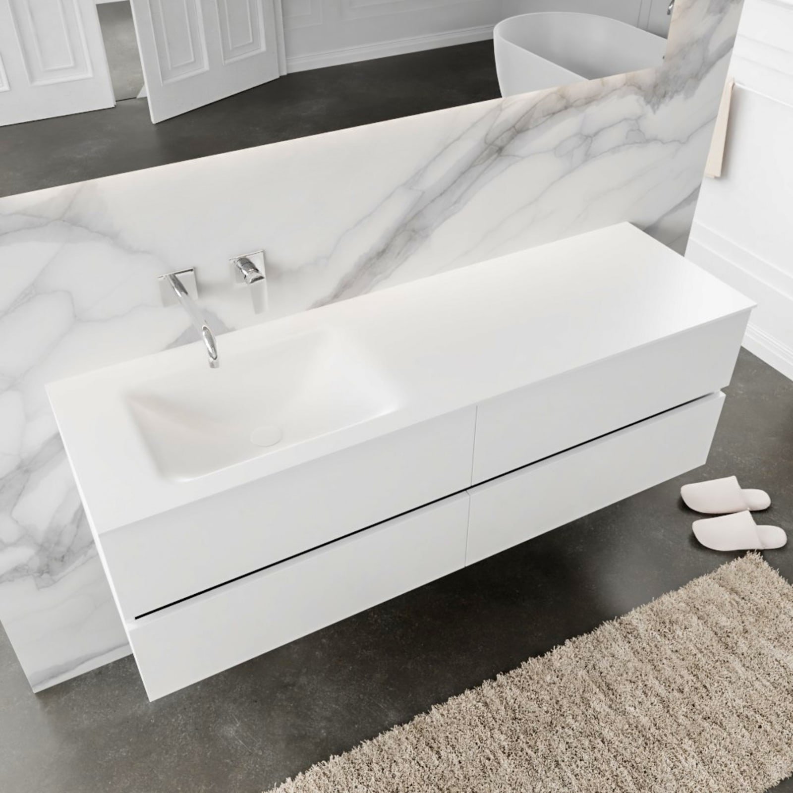 Blue Label Annika onderbouwkast, Solid Surface wastafel Cloud, links, 4x lade, geen kraangat, 1500 x 500 x 450mm (BxHxD), mat wit