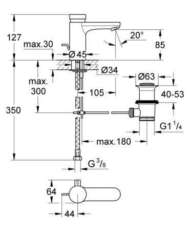 Grohe Eurosmart Cosmopolitan T, Wastafelkraan, trekwaste, zelfsluitend, 1-gats, menging, 127mm hoogte, 105mm uitloop, vast, chroom