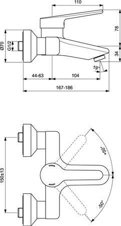 Ideal Standard Ceraplus 2, Wastafelmengkraan, wand, eengreeps, 2-gats, 104mm voorsprong uitloop, met koppelingen, vast, chroom