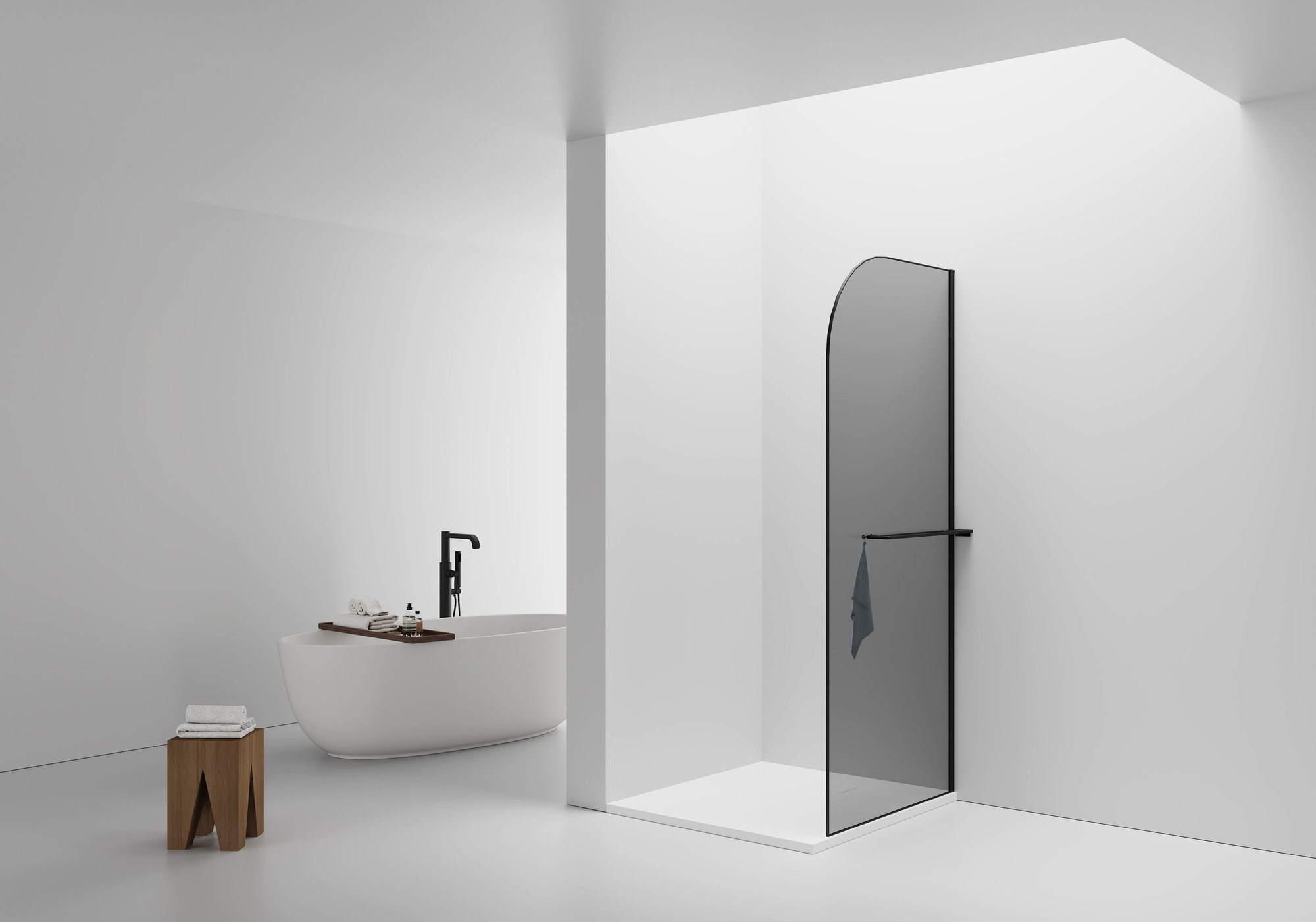 CURVY INLOOPDOUCHE MET HANDDOEKHOUDER - GEBOGEN - MET ANTI-KALKBEHANDELING - OMKEERBAAR - 8MM VEILIGHEIDSGLAS - 100X200CM - MAT ZWART - GRIJS ROOKGLAS