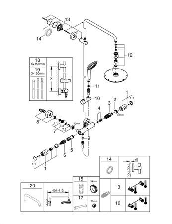 Grohe Euphoria System 210, Douchethermostaat, met douchesysteem, wand, tweegreeps, 2-gats, 150mm hart, met koppelingen, chroom thumbnail 2