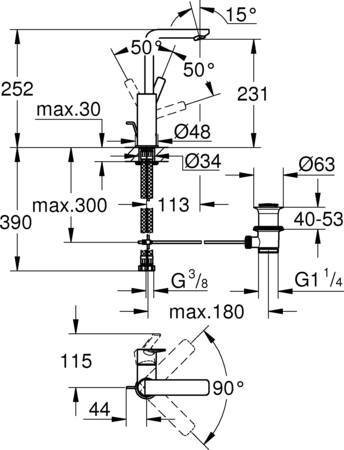 Grohe Lineare New Wastafelmengkraan, L-size, trekwaste, eengreeps, 1-gats, 252mm hoogte, glad, 113mm uitloop, draaibaar, chroom