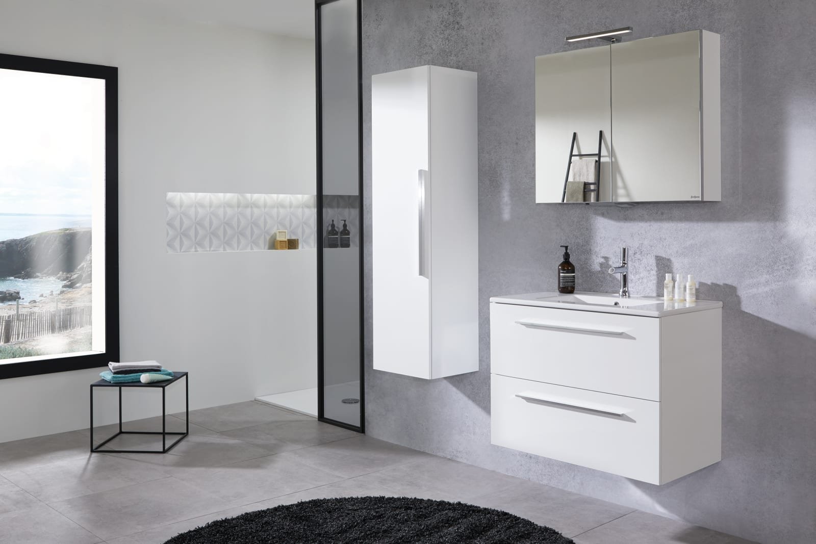 Sanijura Mundo, wastafel keramiek,wasbak midden,meubel melamine, 2x lade, greep Allure, 800 x 460mm (BxD), mat wit