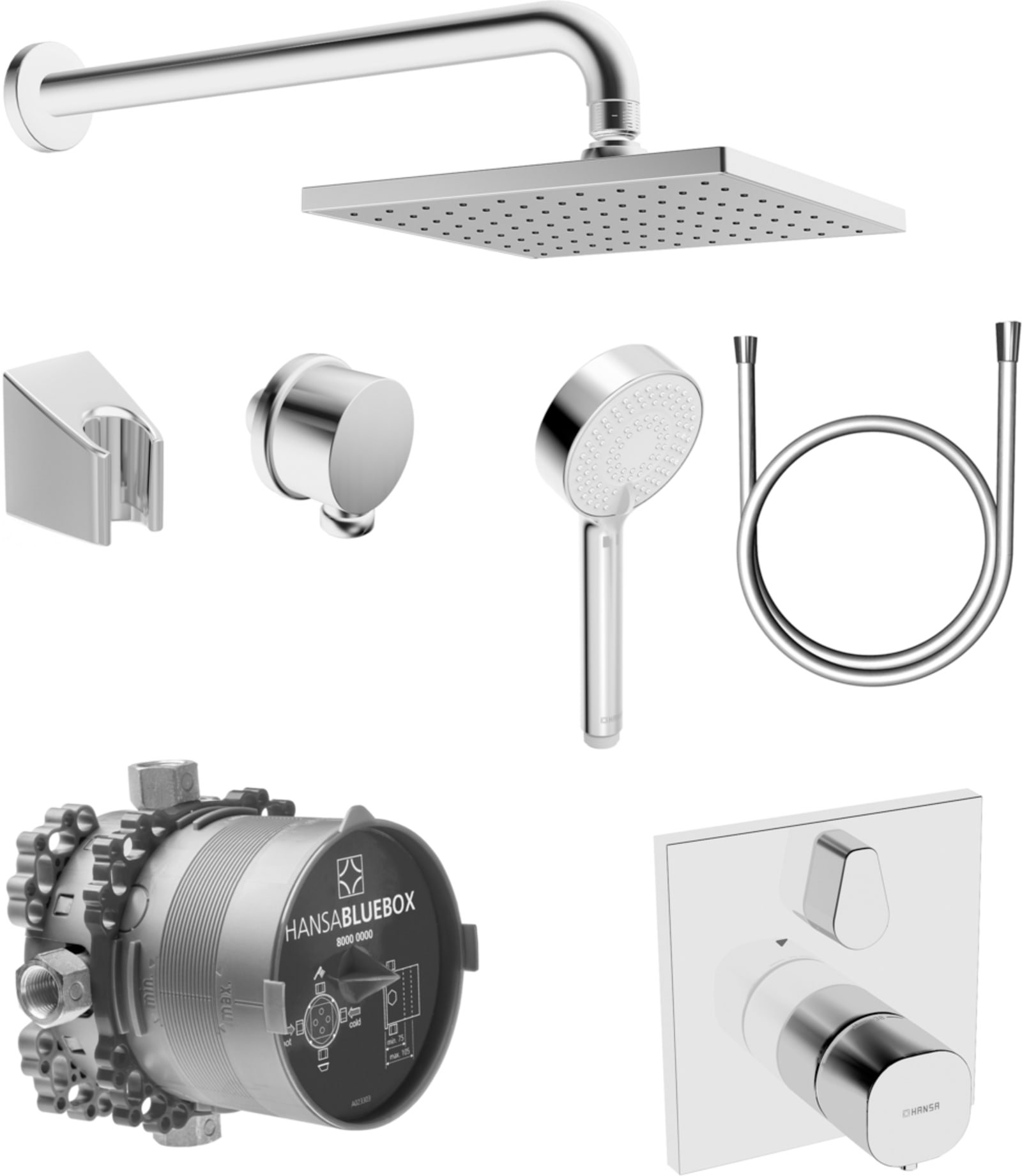 Hansa Bluebox shower set, met vierkante rozet en vierkante hoofddouche