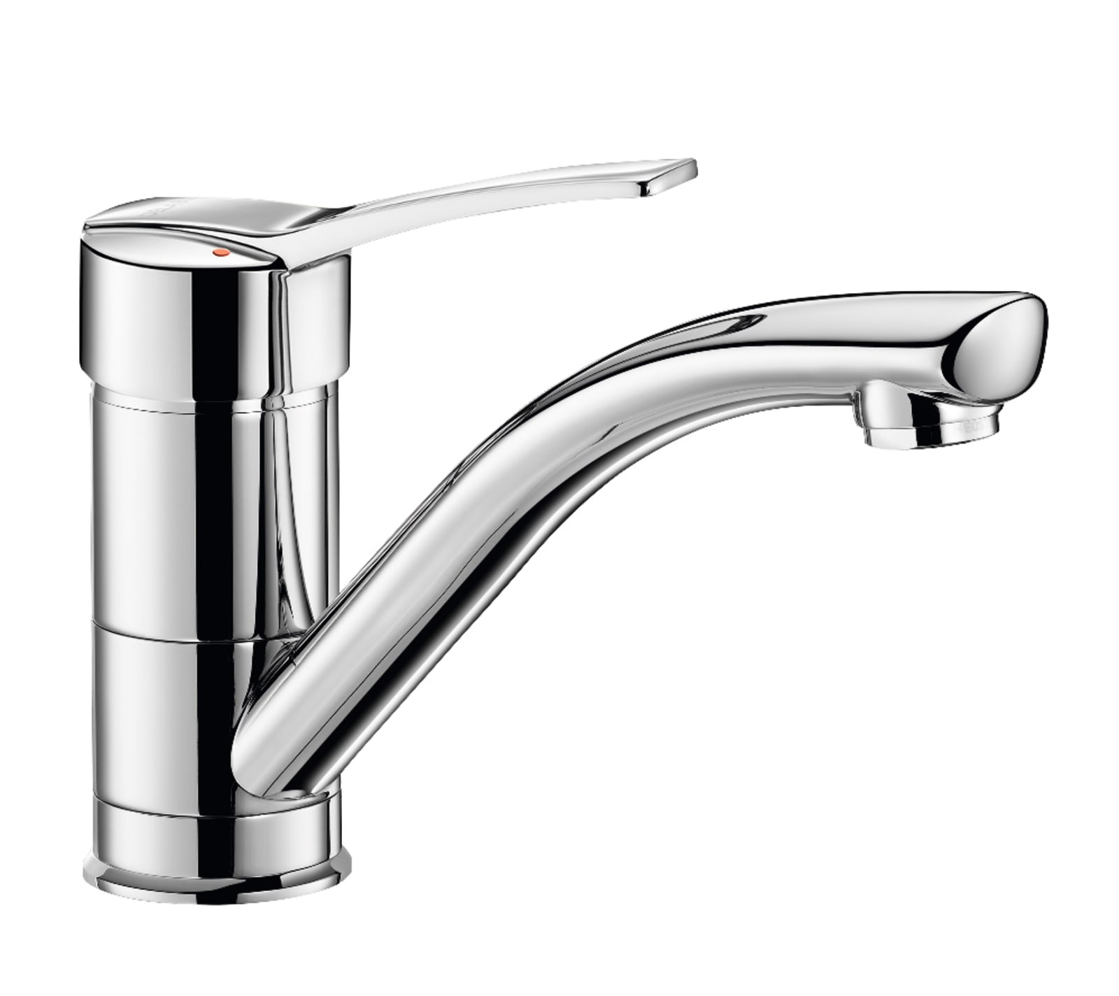 Delabie mechanische wastafelmengkraan met hygiënische Biosafe uitgang, H100 L170, draaibare uitloop, volle greep, chroom