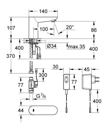Grohe Eurosmart Cosmopolitan Electronische wastafelkraan zonder menging, contactloos, 230V, chroom