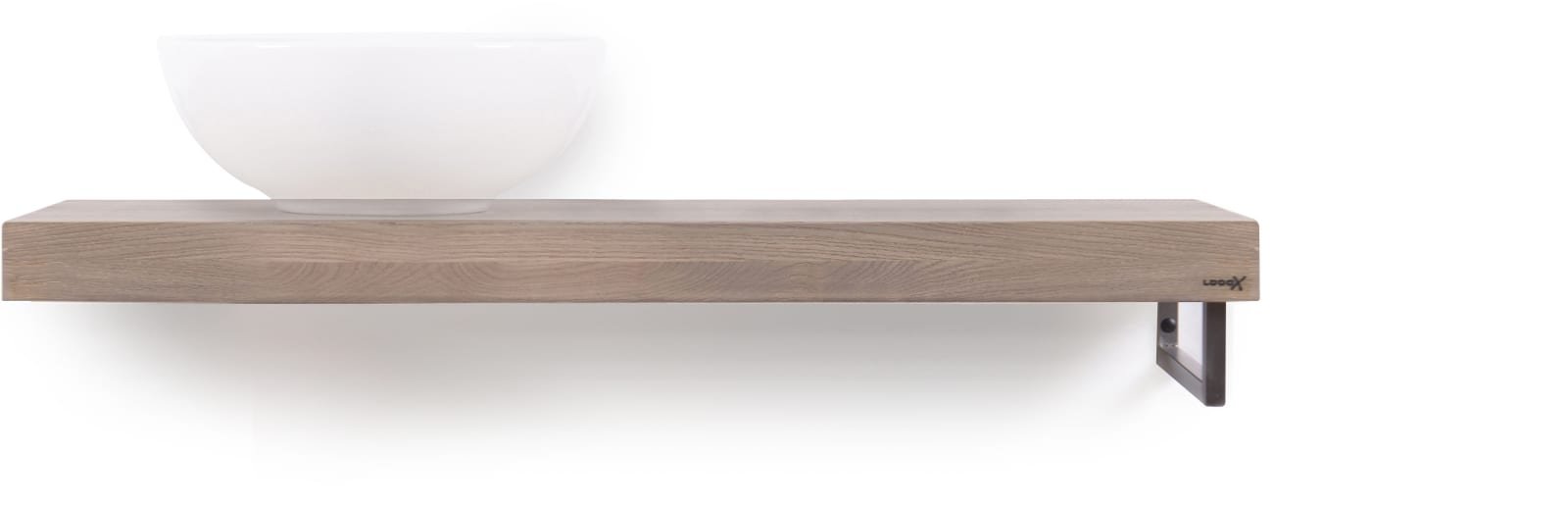 LoooX Wooden Base Shelf Solo X 100 cm, eiken 'old grey' handdoekhouder rechts geborsteld RVS
