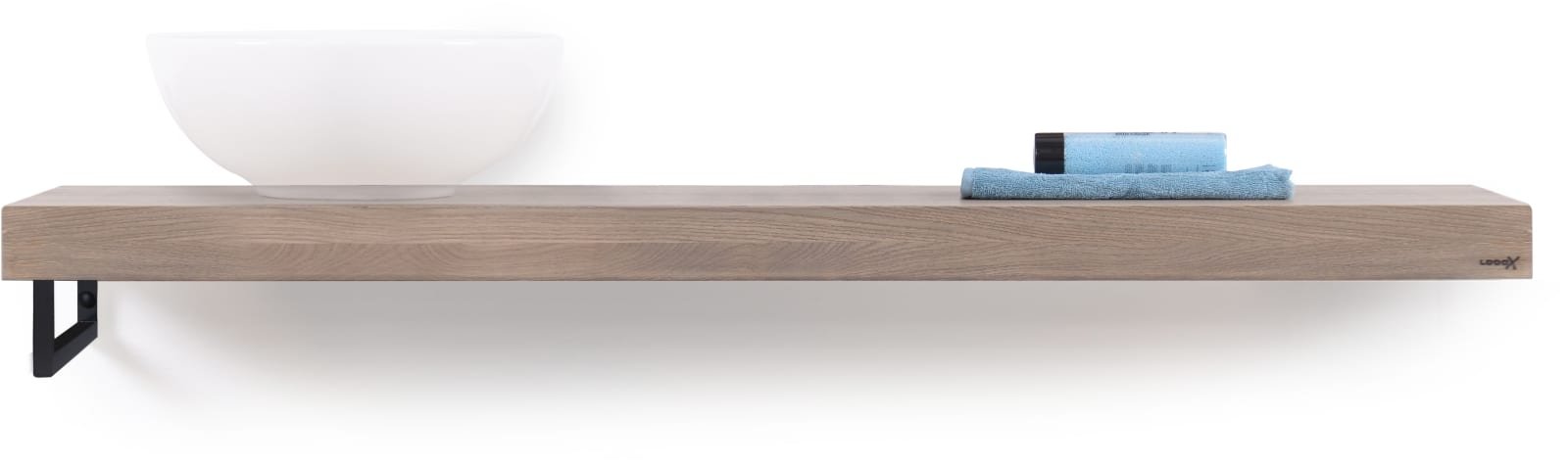Looox Wooden Base Shelf Solo X 140 cm, eiken 'old grey' handdoekhouder links mat zwart