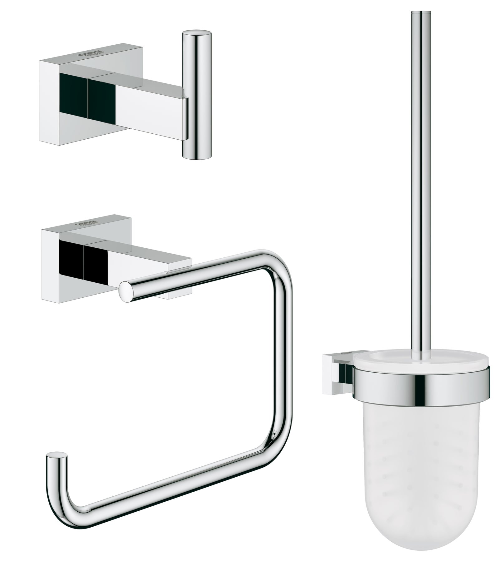Grohe Essentials Cube accessoireset 3 in 1, toilet. Met closetrolhouder, jashaak en closetborstelgarnituur. Kleur chroom.