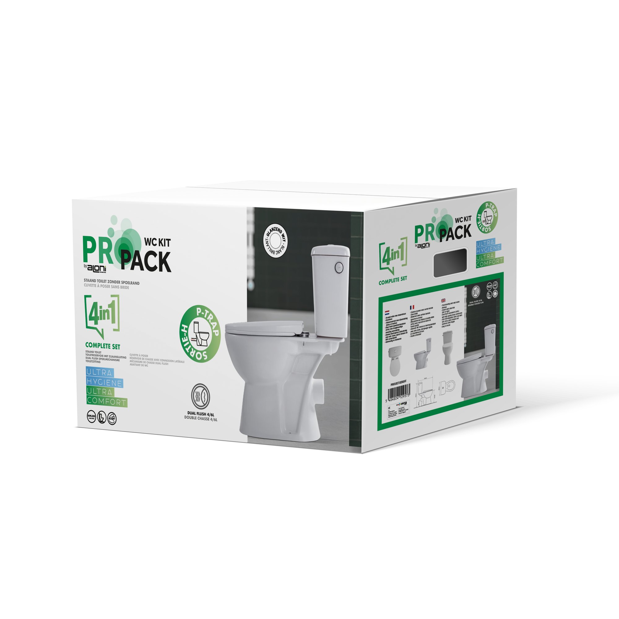 ALONI PRO DUOBLOK - STAAND TOILET - RANDLOOS - P-TRAP - MUURUITLAAT - MET RESERVOIR - MET SPOELMECHANISME - DUBBELE SPOELFUNCTIE 4/6L - MET ZITTING - SOFTCLOSE - QUICK RELEASE - 39X73X67 CM - WIT