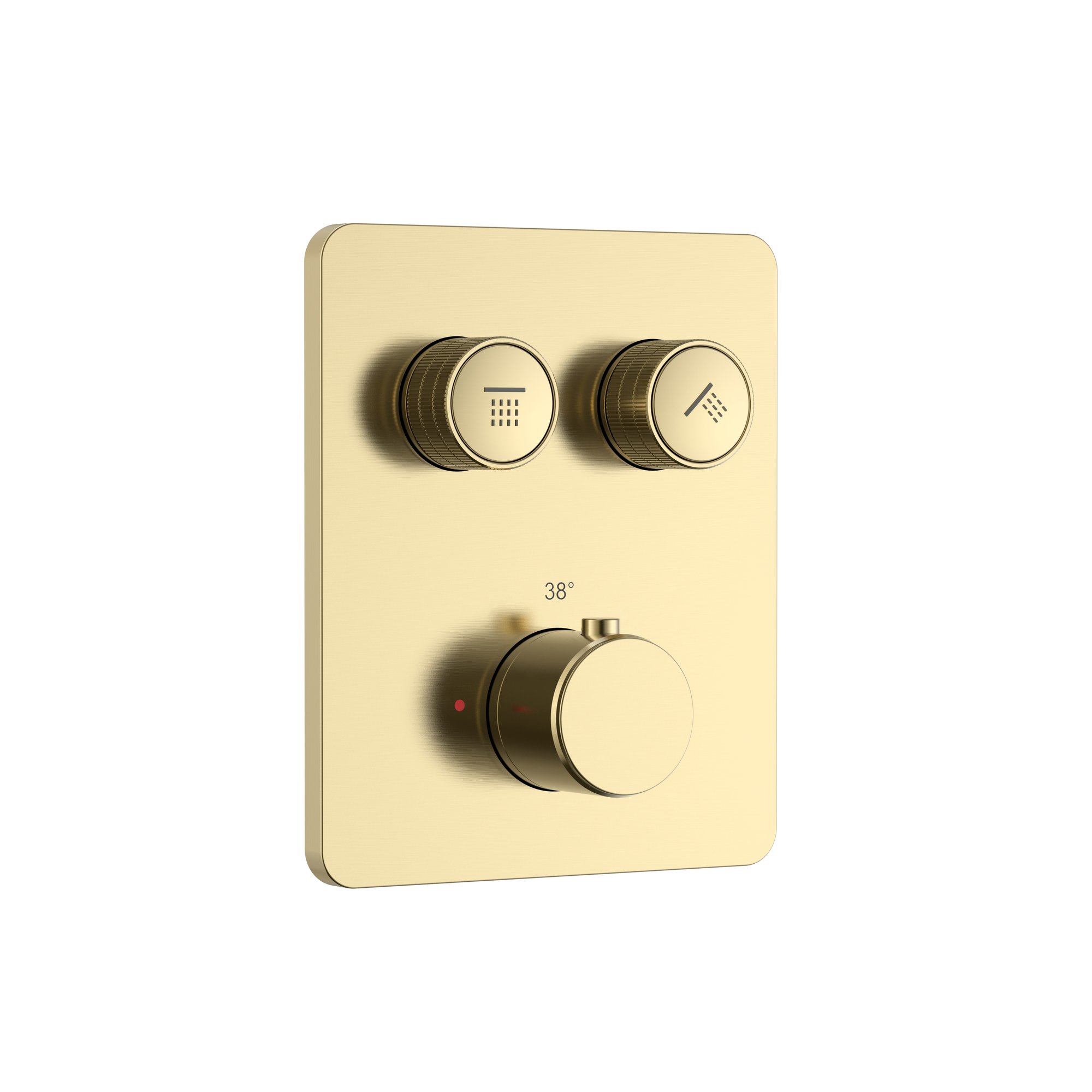 STRIA DOUCHEMENGKRAAN - 2 WEG - THERMOSTATISCH - DRUKNOPPEN MET VERFIJNDE RIBBELSTRUCTUUR - MET INBOUWBOX EN AFBOUWDEEL - RECHTHOEKIG - BELGAQUA - GEBORSTELD GOUD (PVD)
